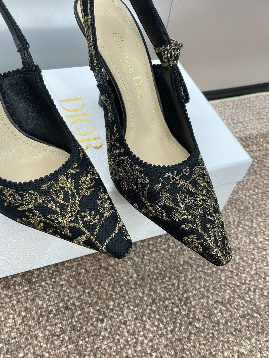 DIOR J'A HIGH SLINGBACK PUMP BLACK AND GOLD-TONE MILLEFIORI JACQUARD 95 MM