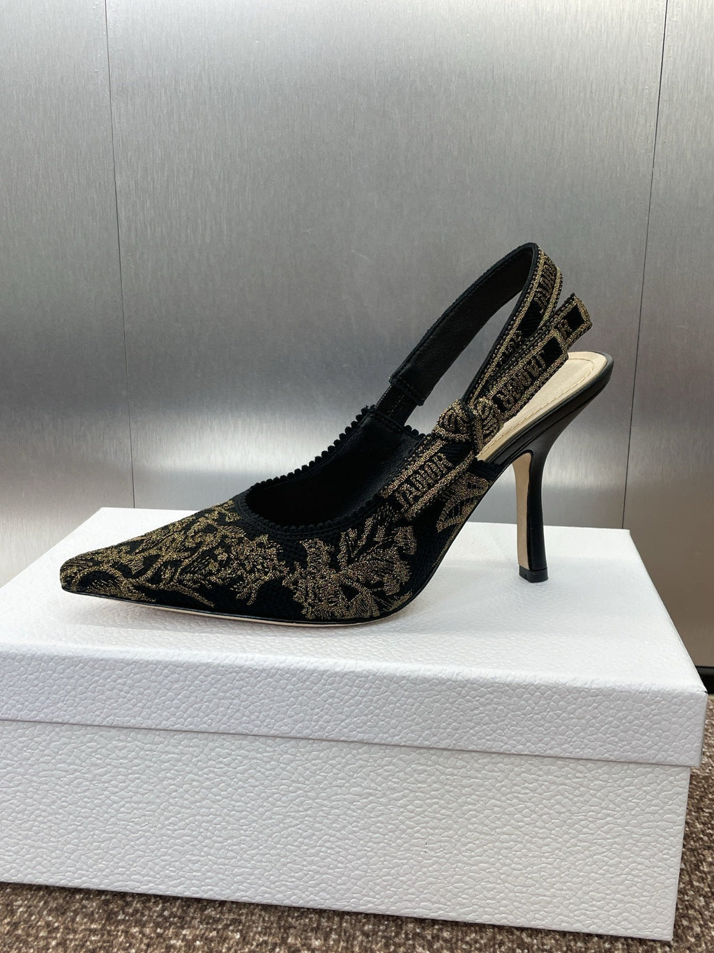 DIOR J'A HIGH SLINGBACK PUMP BLACK AND GOLD-TONE MILLEFIORI JACQUARD 95 MM