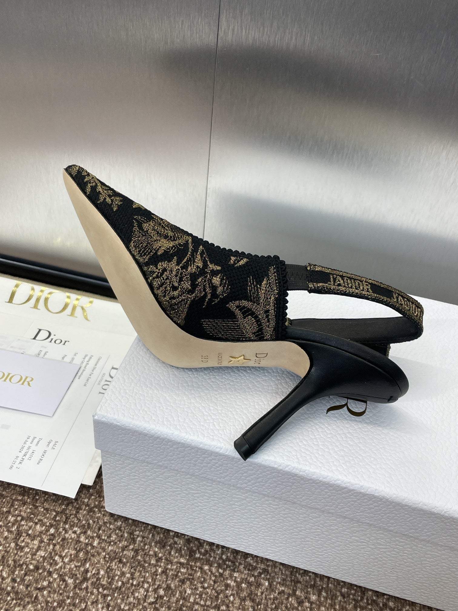 DIOR J'A HIGH SLINGBACK PUMP BLACK AND GOLD-TONE MILLEFIORI JACQUARD 95 MM