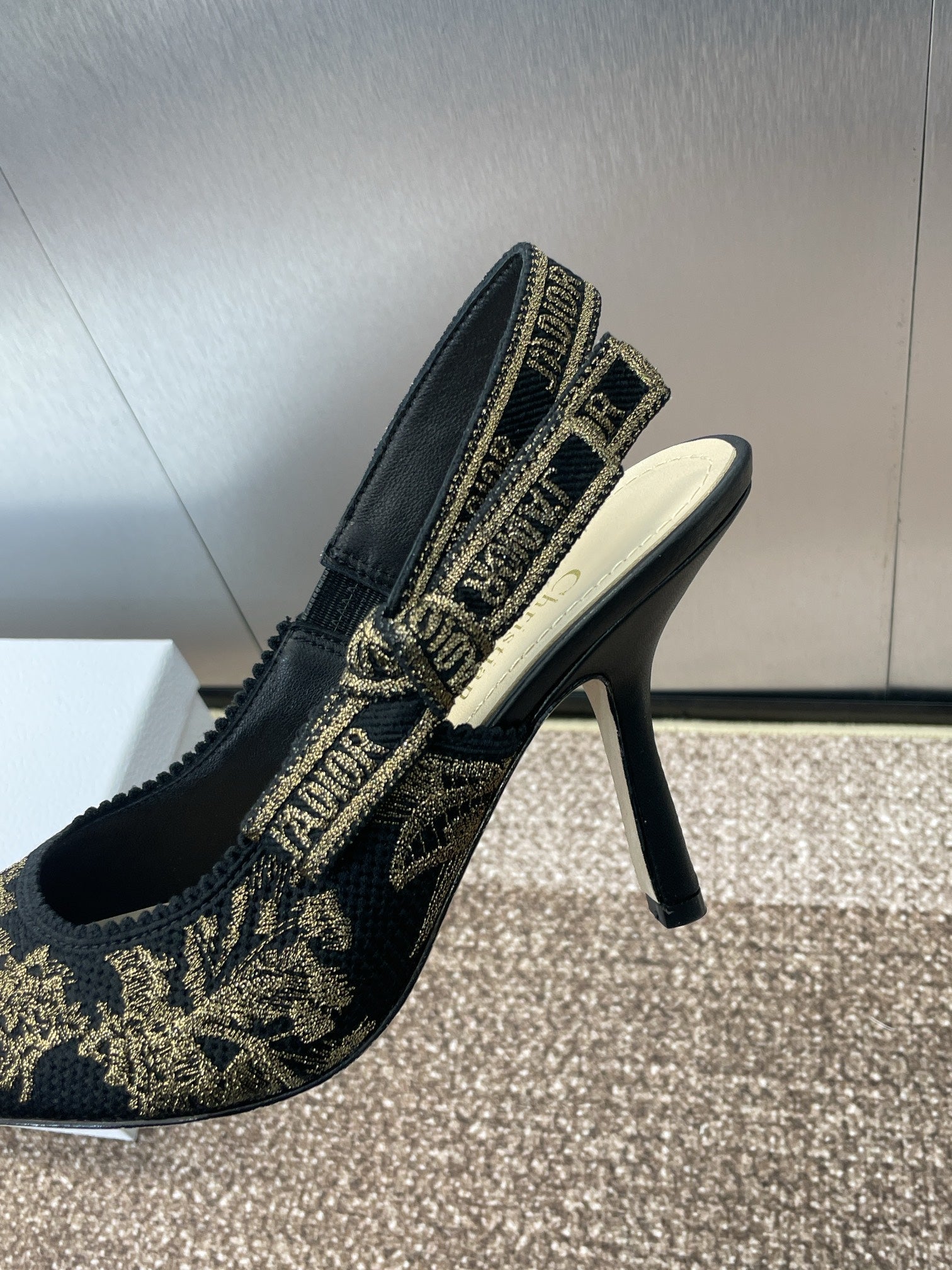 DIOR J'A HIGH SLINGBACK PUMP BLACK AND GOLD-TONE MILLEFIORI JACQUARD 95 MM