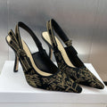 DIOR J'A HIGH SLINGBACK PUMP BLACK AND GOLD-TONE MILLEFIORI JACQUARD 95 MM