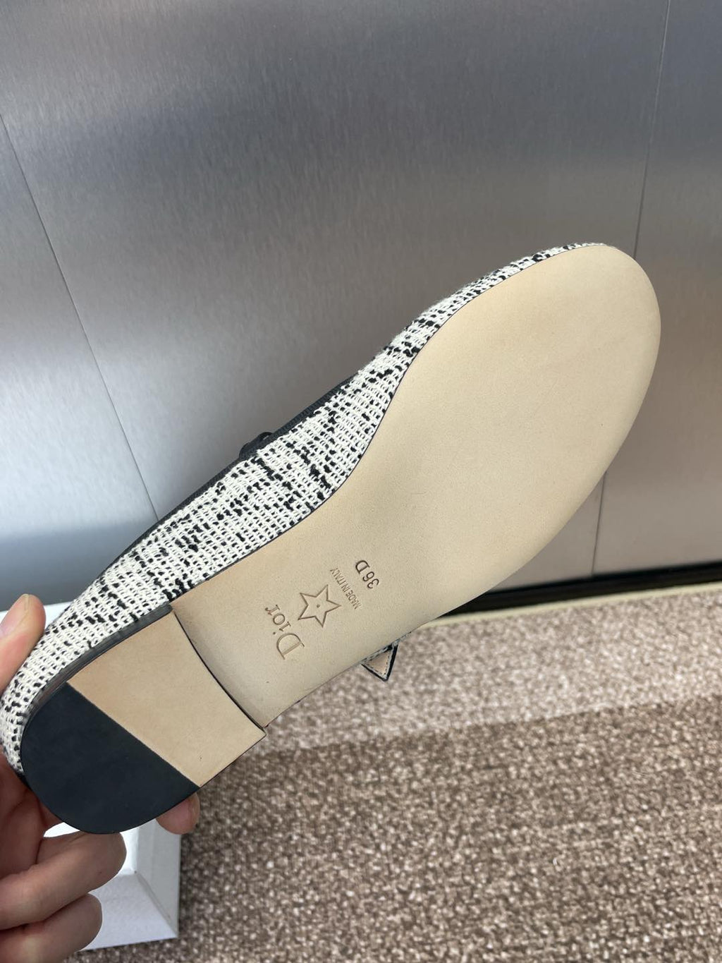 DIOR D-RAMOUR BALLET FLATS IN WHITE MIX BLACK EMBROIDERED CANNAGE TWEED
