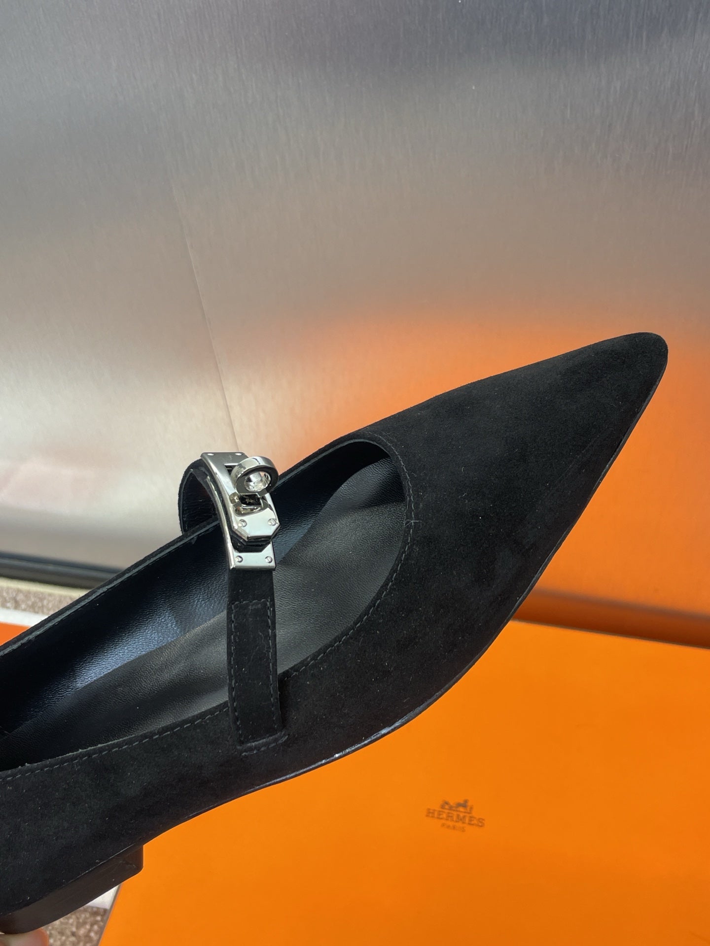 HERMES KIARA FLAT PUMP IN BLACK SUEDE