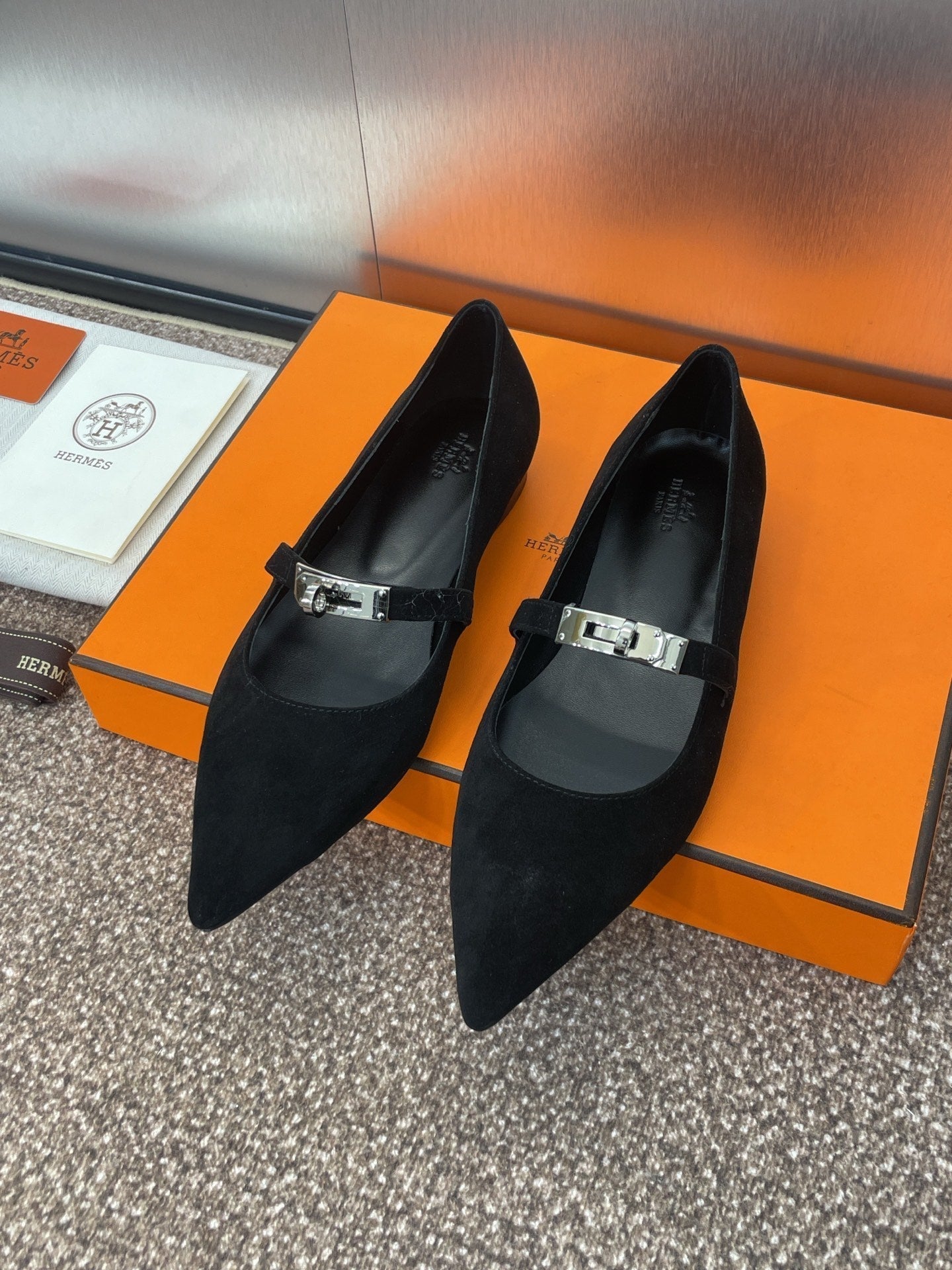 HERMES KIARA FLAT PUMP IN BLACK SUEDE