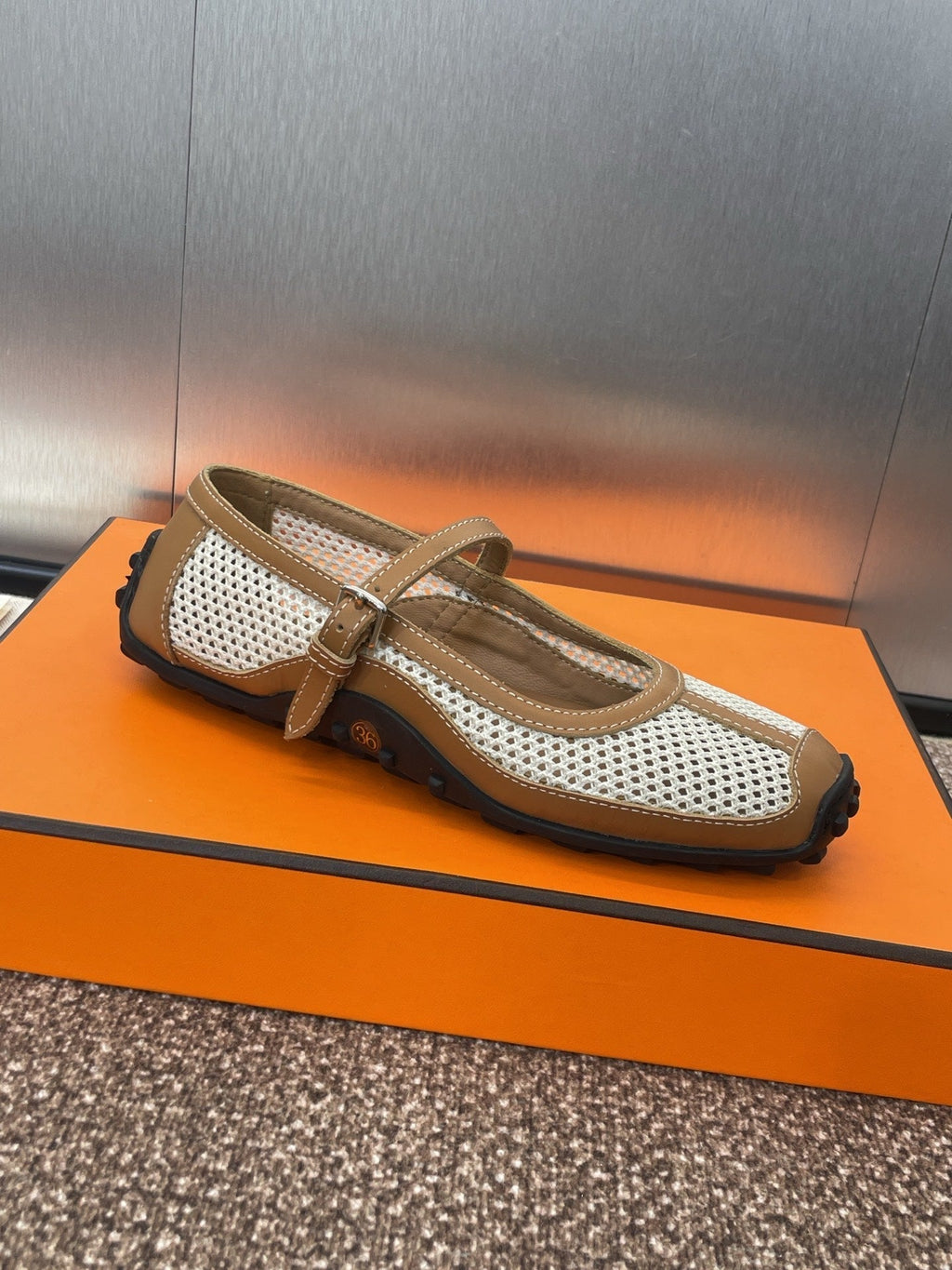 HERMES KICHU BALLET FLAT IN BRONZE BROWN CROCHET KNIT AND CALFSKIN