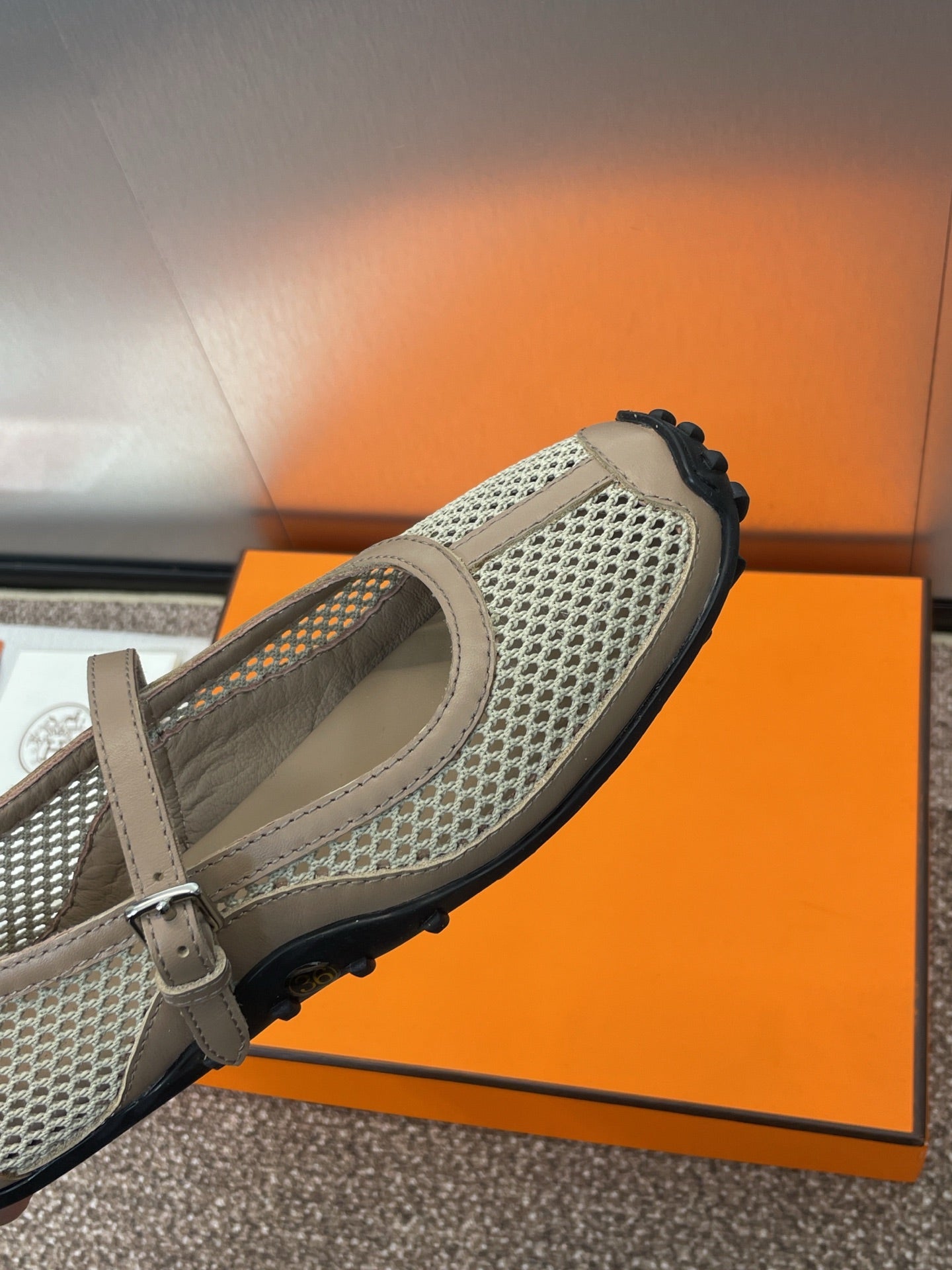 HERMES KICHU BALLET FLAT IN MOCHA BROWN CROCHET KNIT AND CALFSKIN