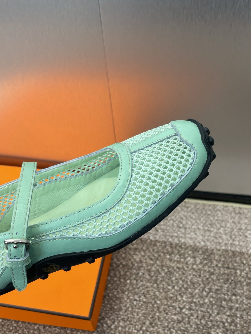 HERMES KICHU BALLET FLAT IN GREEN MINT CROCHET KNIT AND CALFSKIN
