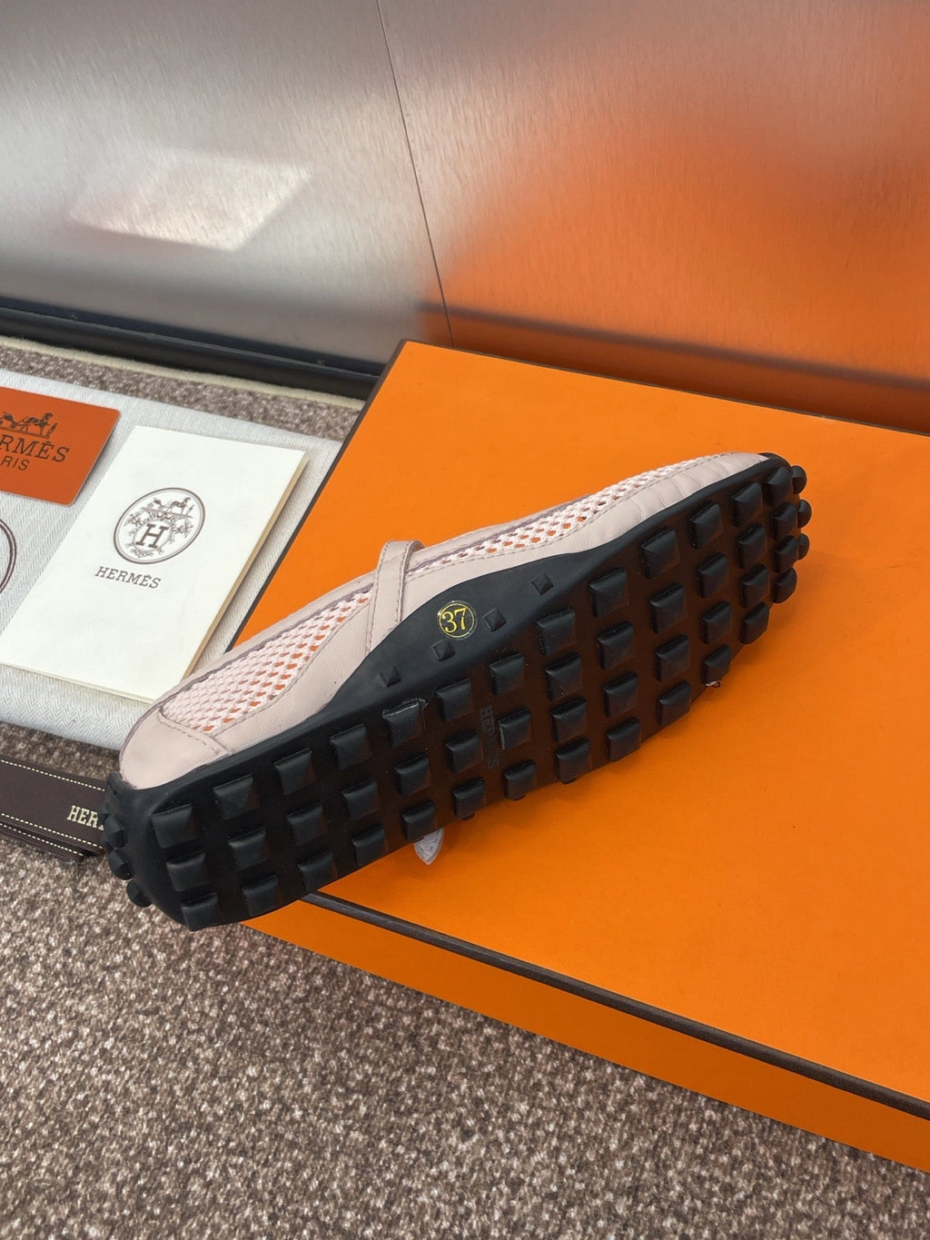 HERMES KICHU BALLET FLAT IN LIGHT PINK CROCHET KNIT AND CALFSKIN