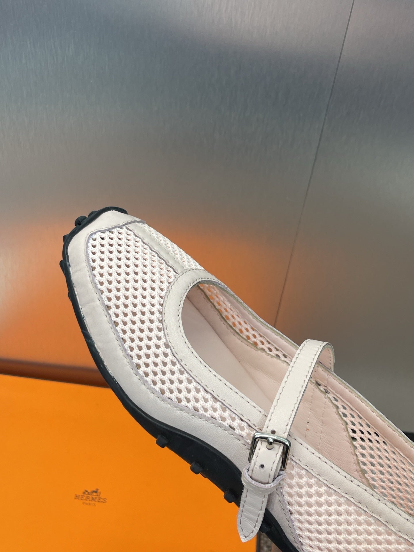 HERMES KICHU BALLET FLAT IN LIGHT PINK CROCHET KNIT AND CALFSKIN