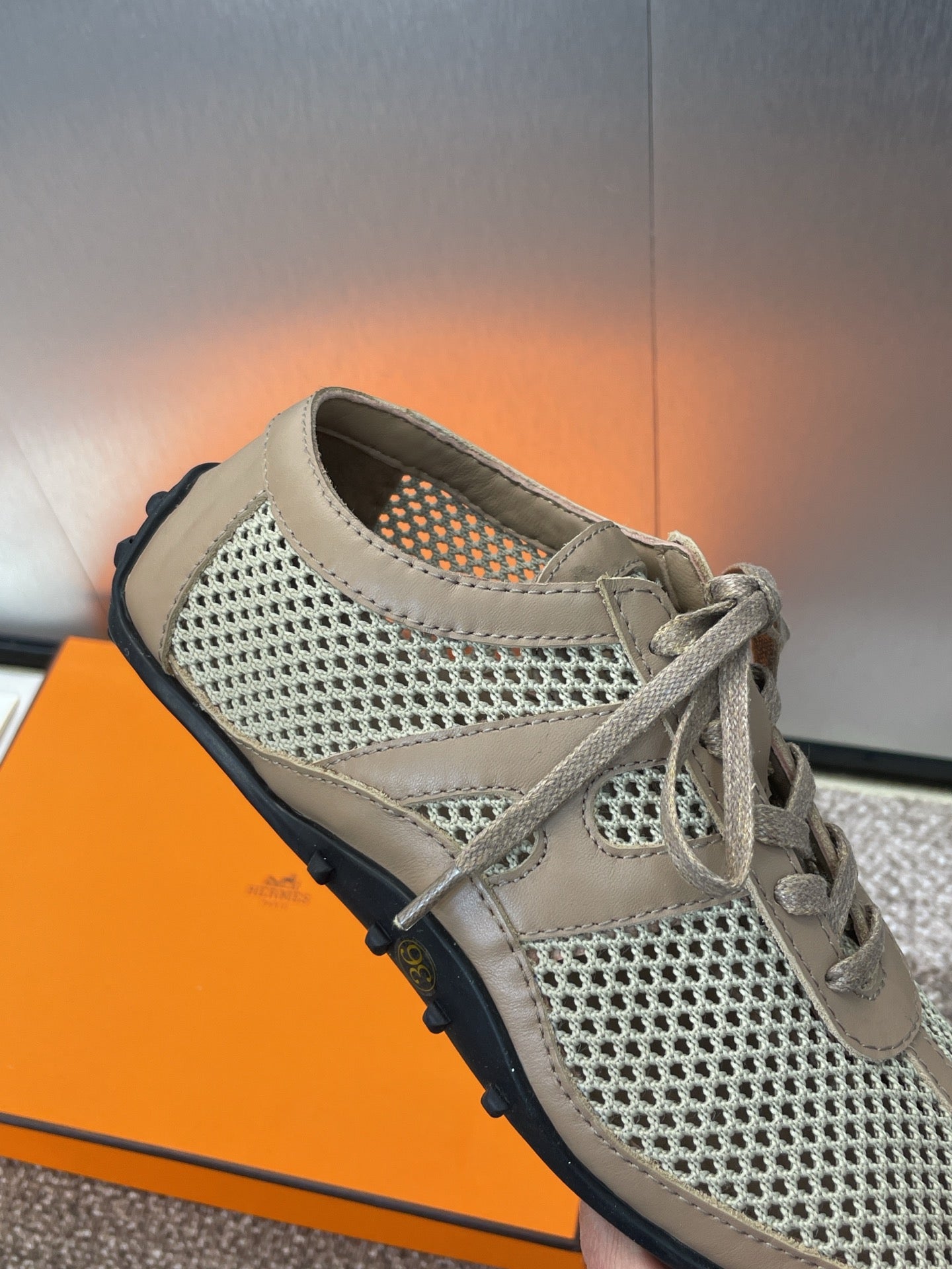 HERMES KIGA SNEAKER IN MOCHA BROWN CROCHET KNIT AND CALFSKIN