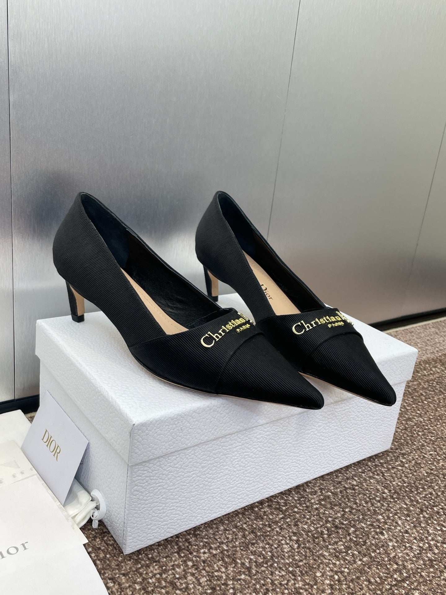DIOR MY DD 25S HIGH HEEL 55MM IN BLACK FABRIC GOLD LOGO