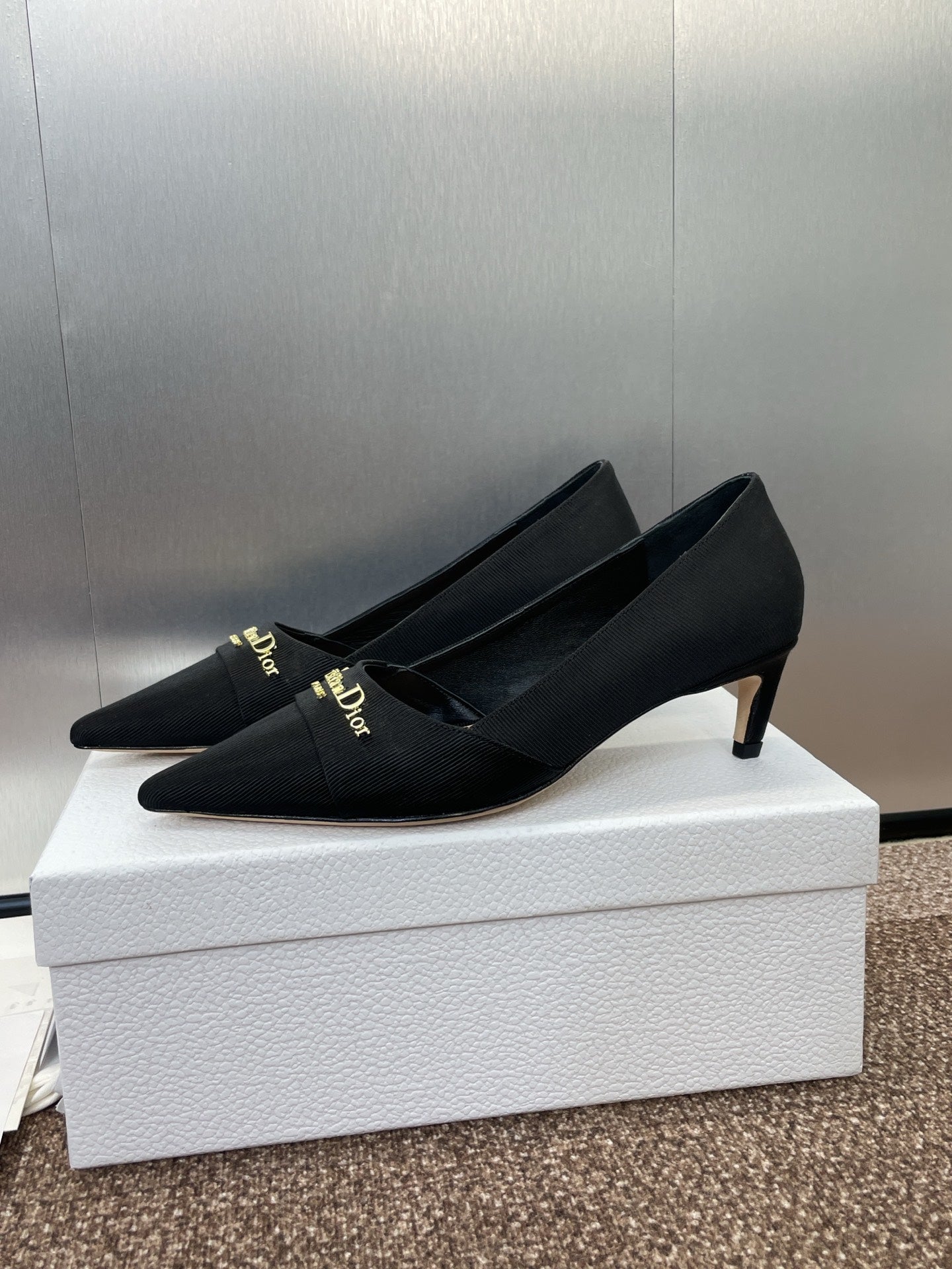 DIOR MY DD 25S HIGH HEEL 55MM IN BLACK FABRIC GOLD LOGO