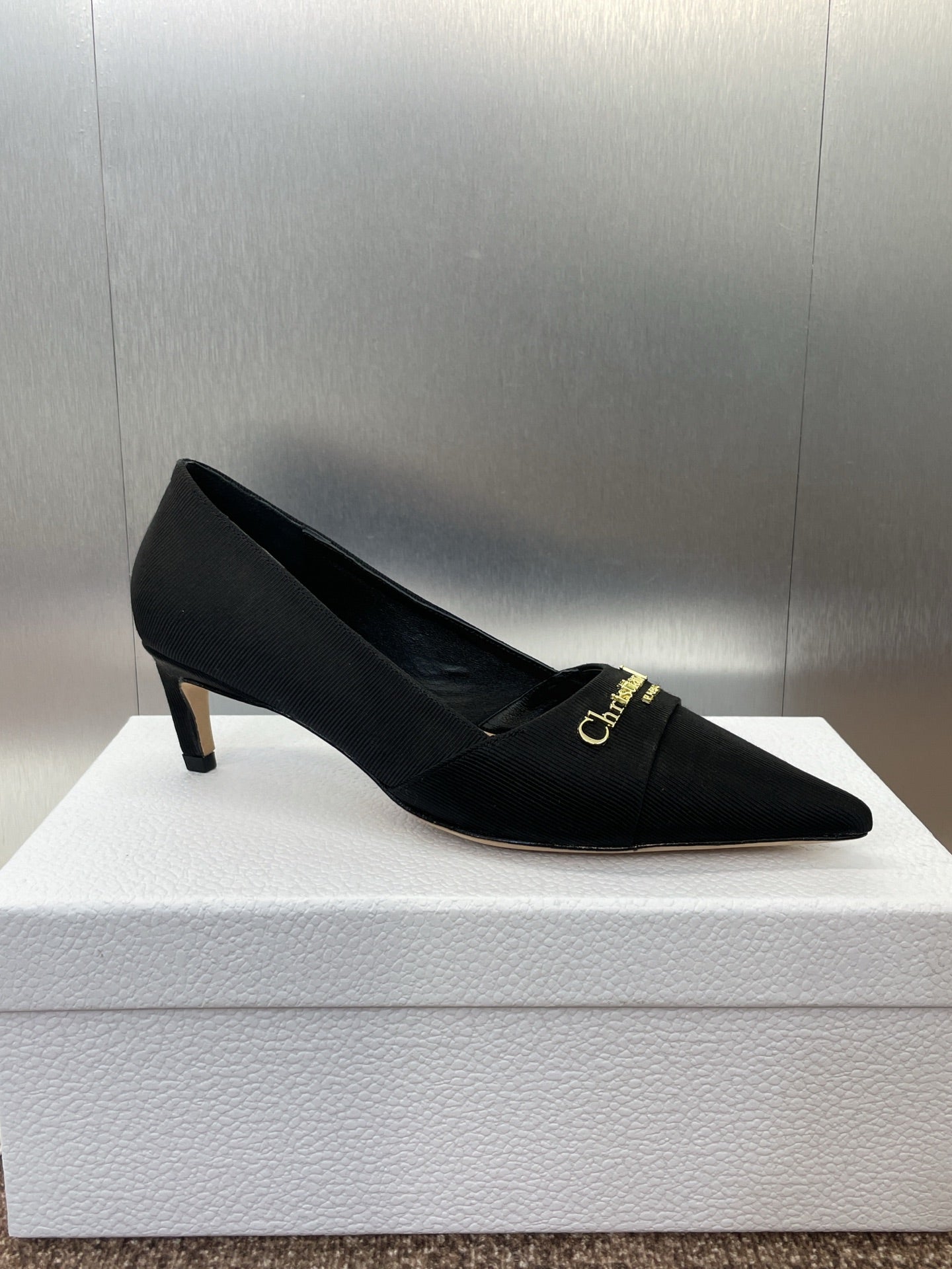 DIOR MY DD 25S HIGH HEEL 55MM IN BLACK FABRIC GOLD LOGO