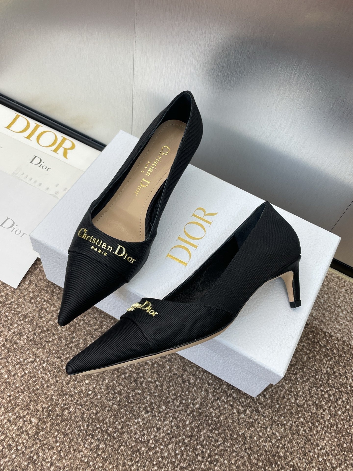 DIOR MY DD 25S HIGH HEEL 55MM IN BLACK FABRIC GOLD LOGO