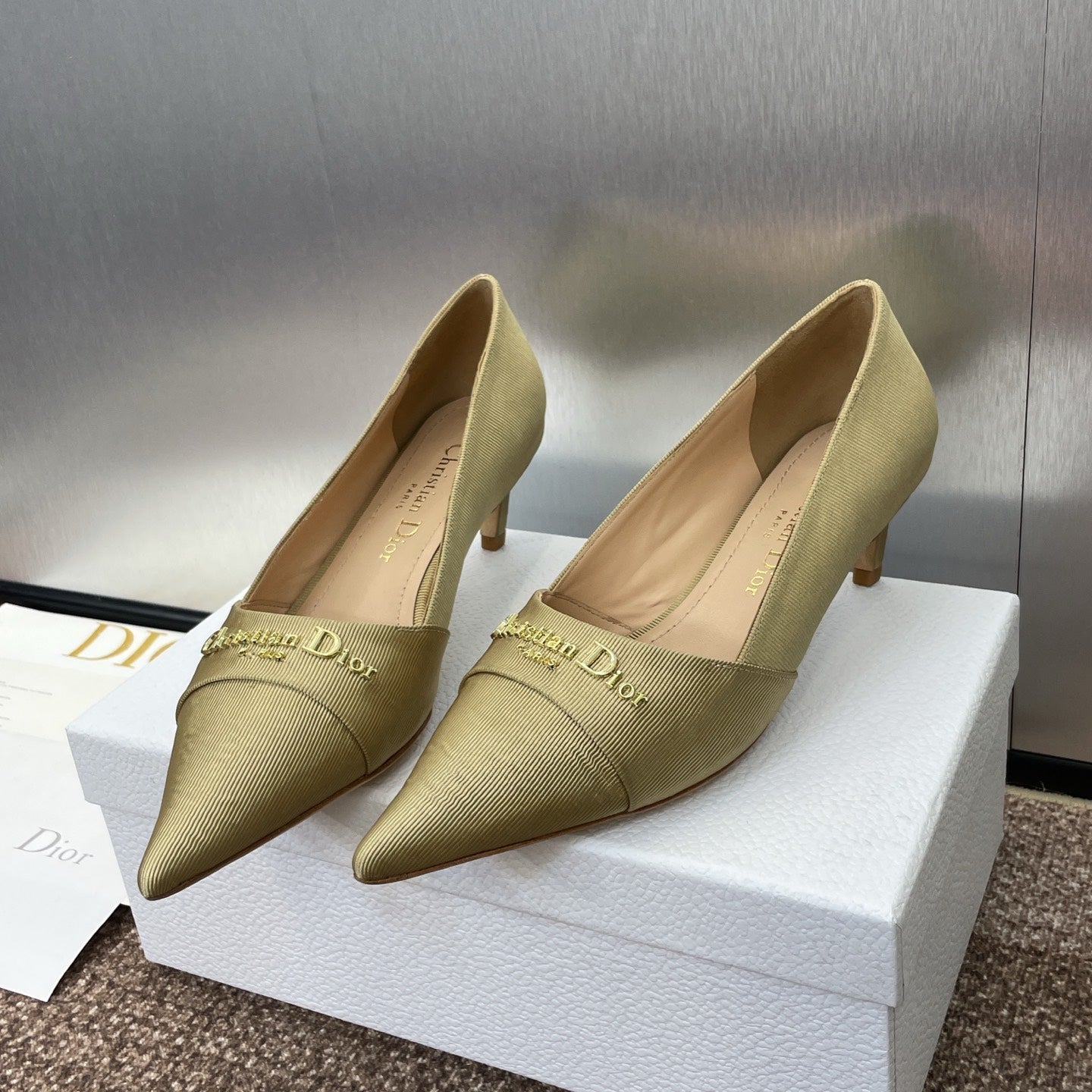 DIOR MY DD 25S HIGH HEEL 55MM IN KHAKI GOLD FABRIC GOLD LOGO