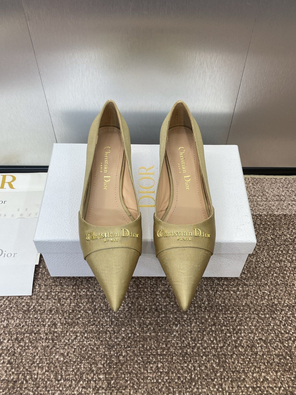 DIOR MY DD 25S HIGH HEEL 55MM IN KHAKI GOLD FABRIC GOLD LOGO
