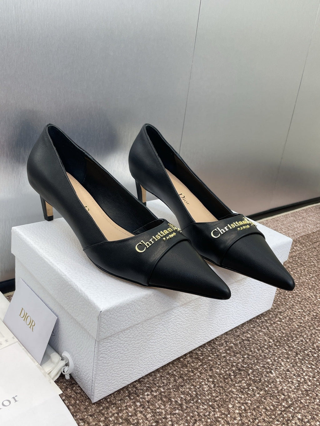 DIOR MY DD 25S HIGH HEEL 55MM IN BLACK CALFSKIN GOLD LOGO