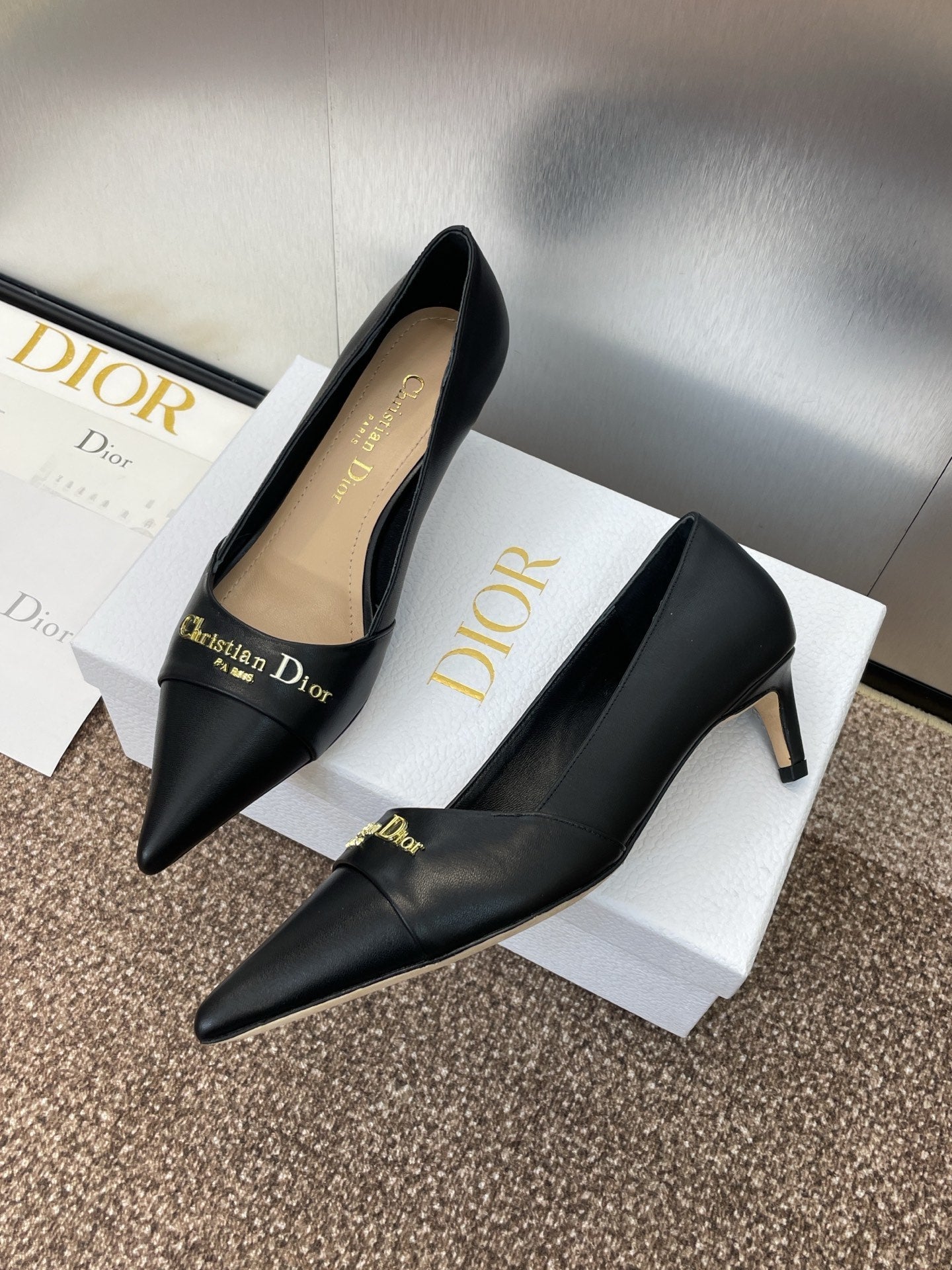 DIOR MY DD 25S HIGH HEEL 55MM IN BLACK CALFSKIN GOLD LOGO
