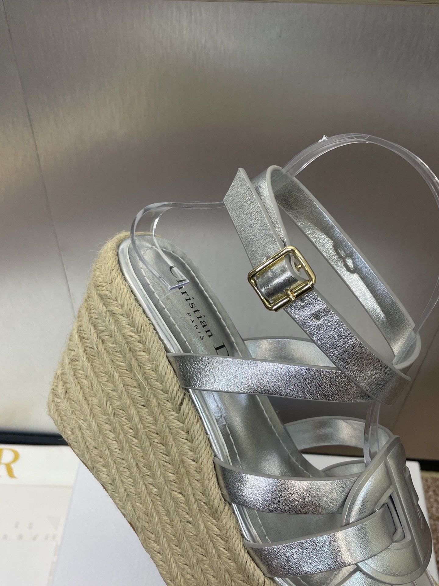 DIOR D-CLUB 25S HIGH HEEL WEDGE 100MM IN SILVER GLOSSY CALFSKIN RAFFIA SOLE