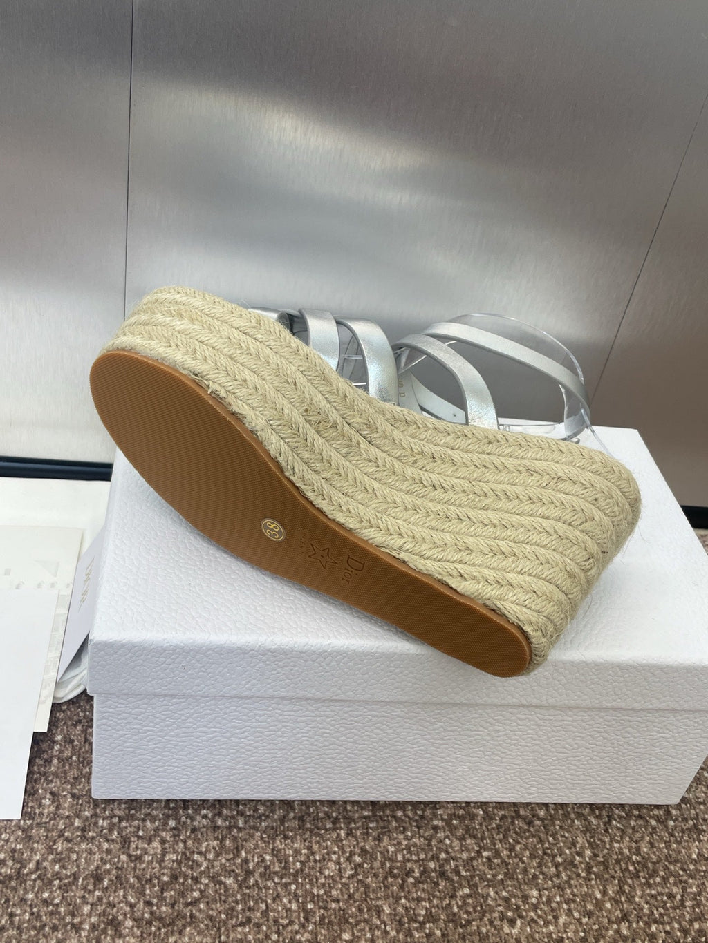 DIOR D-CLUB 25S HIGH HEEL WEDGE 100MM IN SILVER GLOSSY CALFSKIN RAFFIA SOLE