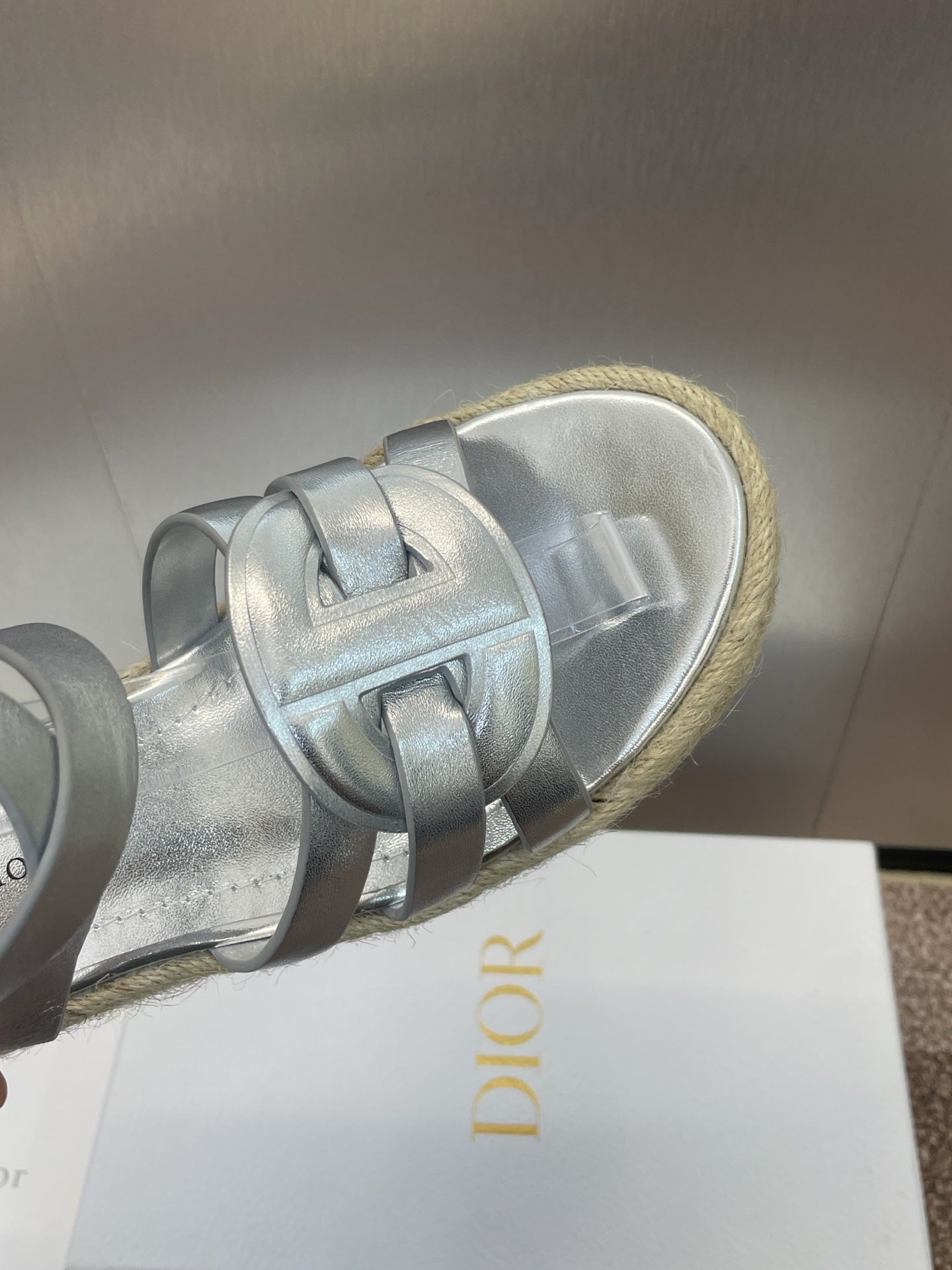 DIOR D-CLUB 25S HIGH HEEL WEDGE 100MM IN SILVER GLOSSY CALFSKIN RAFFIA SOLE
