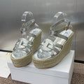 DIOR D-CLUB 25S HIGH HEEL WEDGE 100MM IN SILVER GLOSSY CALFSKIN RAFFIA SOLE