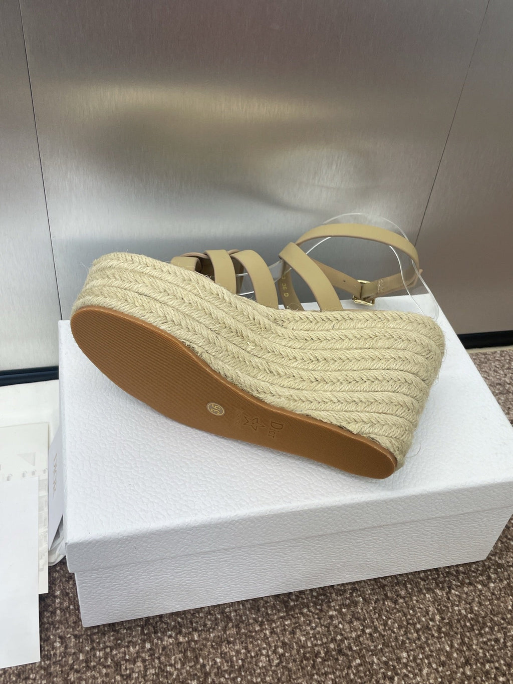 DIOR D-CLUB 25S HIGH HEEL WEDGE 100MM IN GOLDEN BEIGE CALFSKIN RAFFIA SOLE