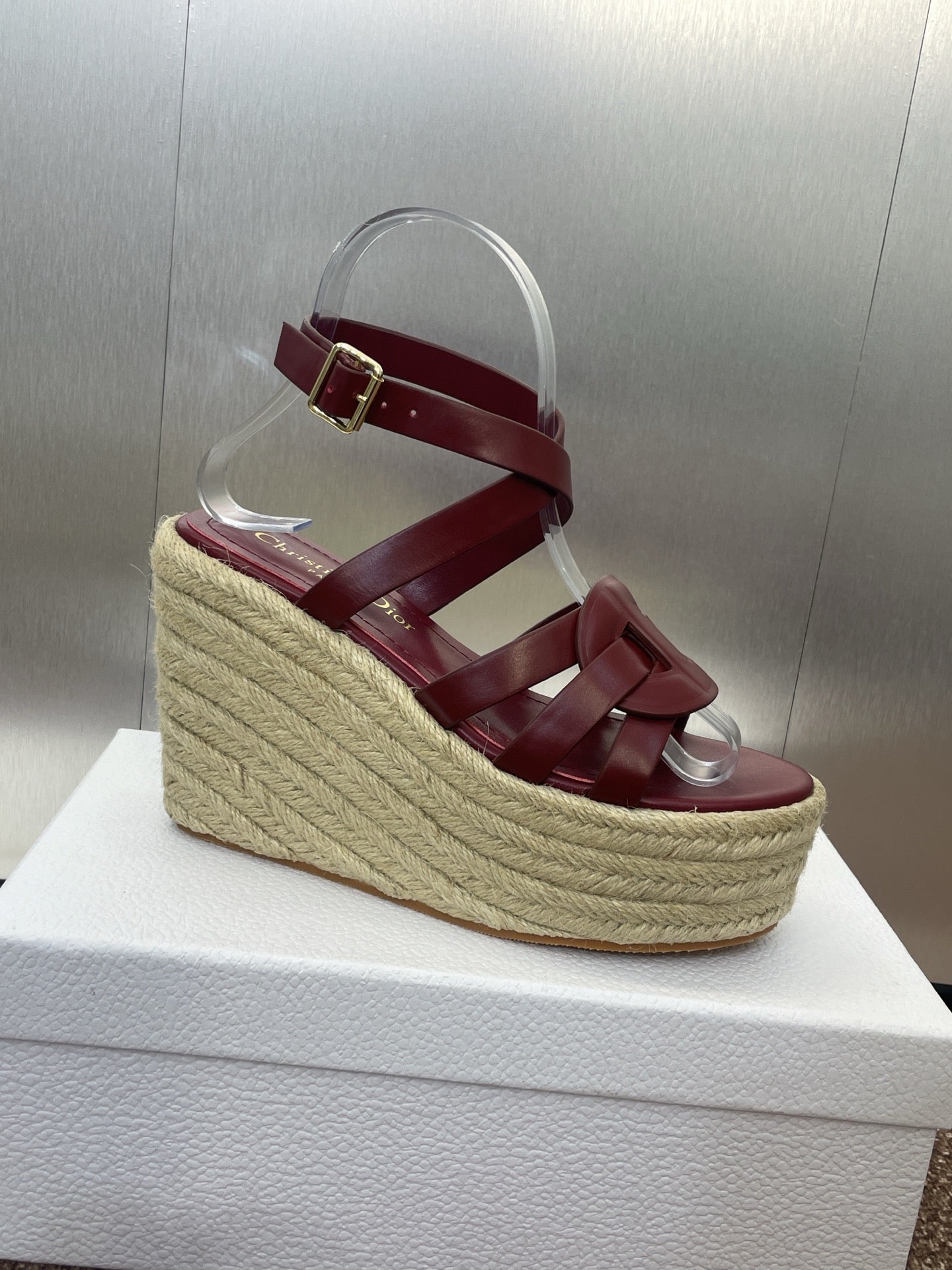 DIOR D-CLUB 25S HIGH HEEL WEDGE 100MM IN BURGUNDY RED CALFSKIN RAFFIA SOLE