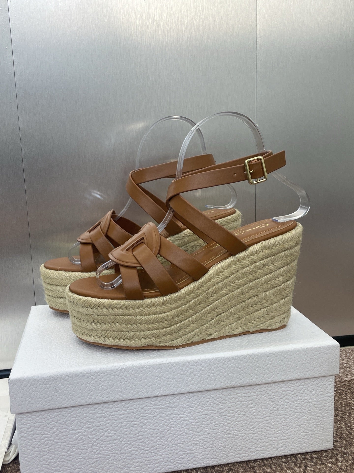 DIOR D-CLUB 25S HIGH HEEL WEDGE 100MM IN BROWN CALFSKIN RAFFIA SOLE