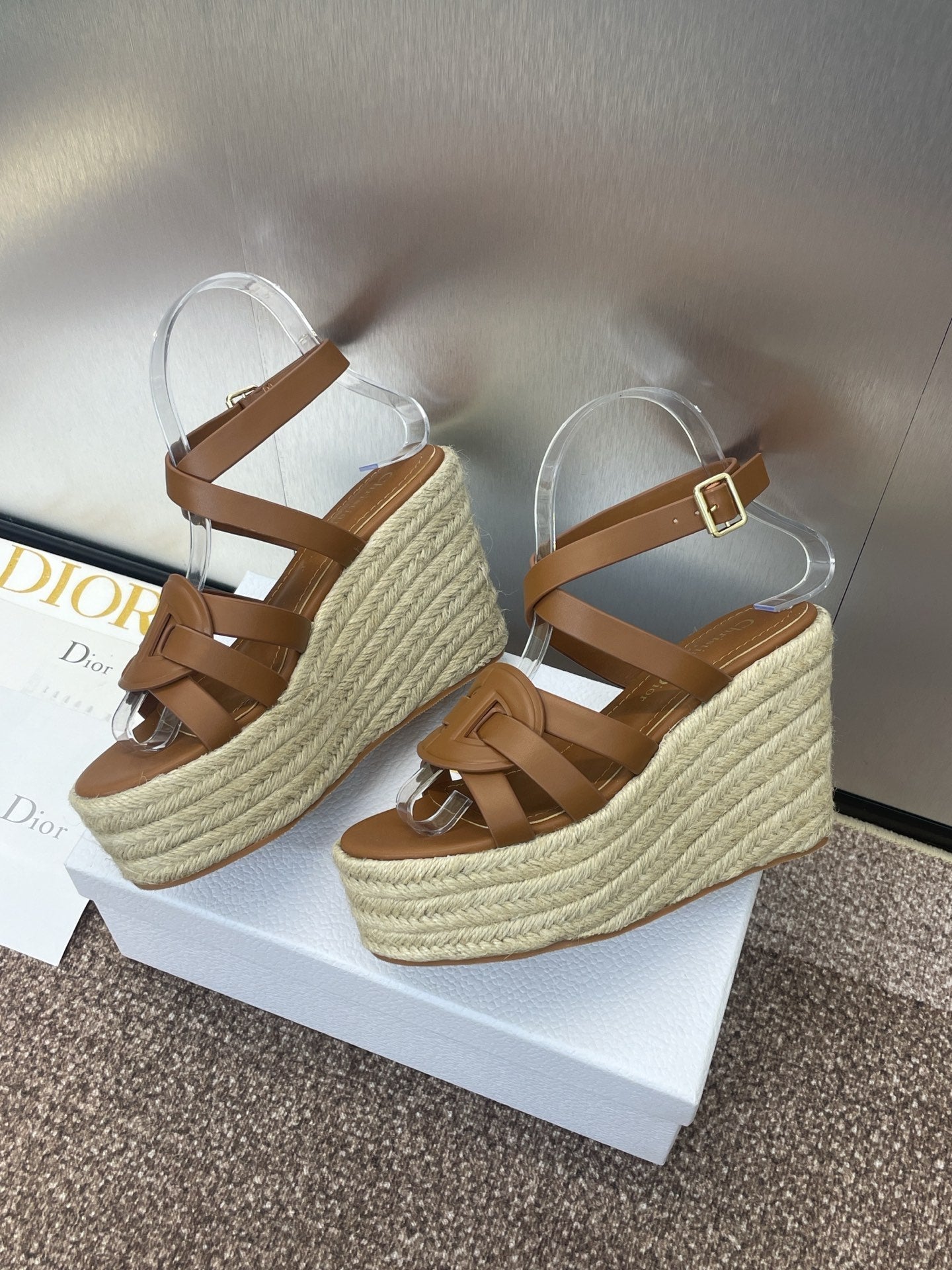 DIOR D-CLUB 25S HIGH HEEL WEDGE 100MM IN BROWN CALFSKIN RAFFIA SOLE