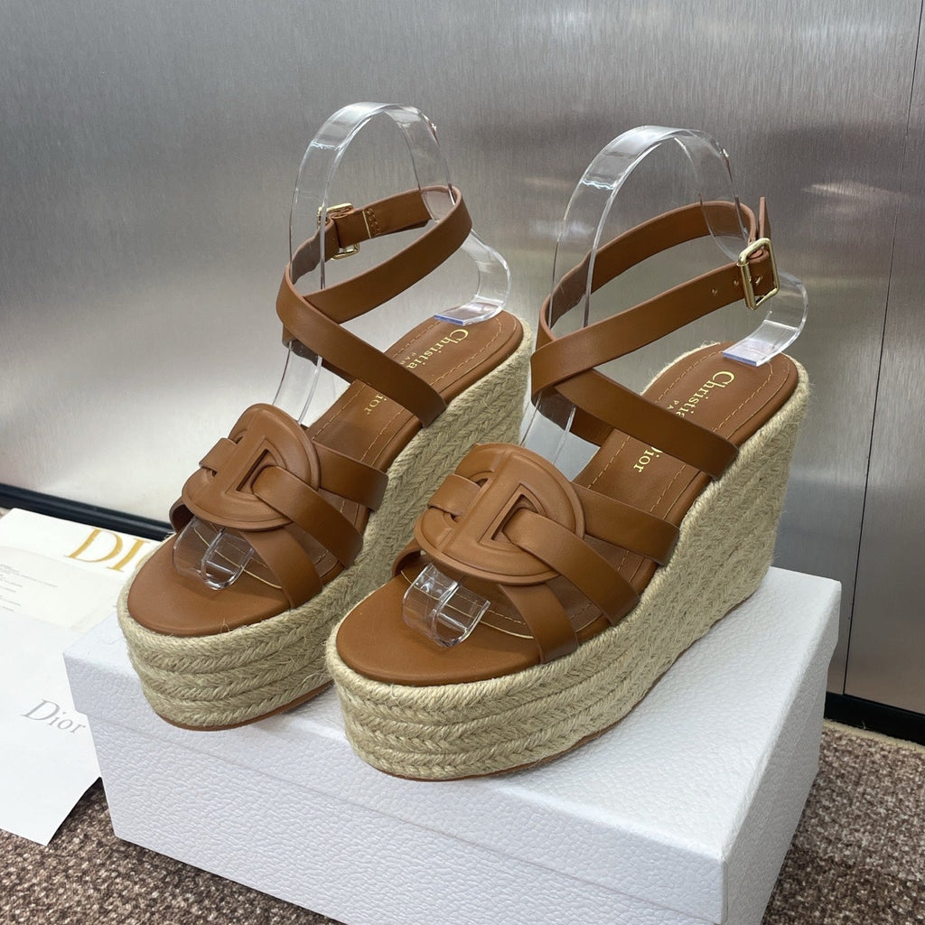DIOR D-CLUB 25S HIGH HEEL WEDGE 100MM IN BROWN CALFSKIN RAFFIA SOLE