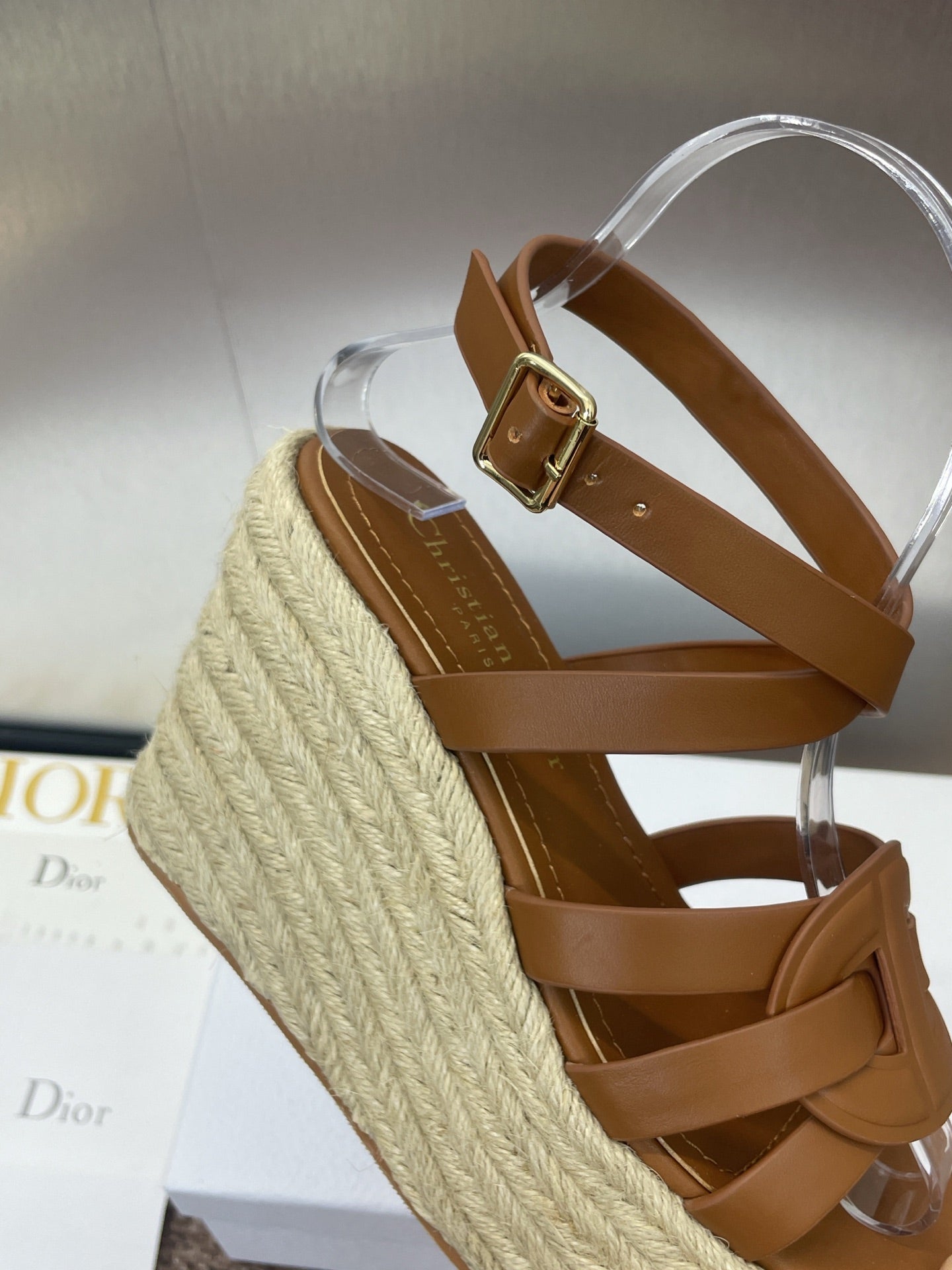 DIOR D-CLUB 25S HIGH HEEL WEDGE 100MM IN BROWN CALFSKIN RAFFIA SOLE