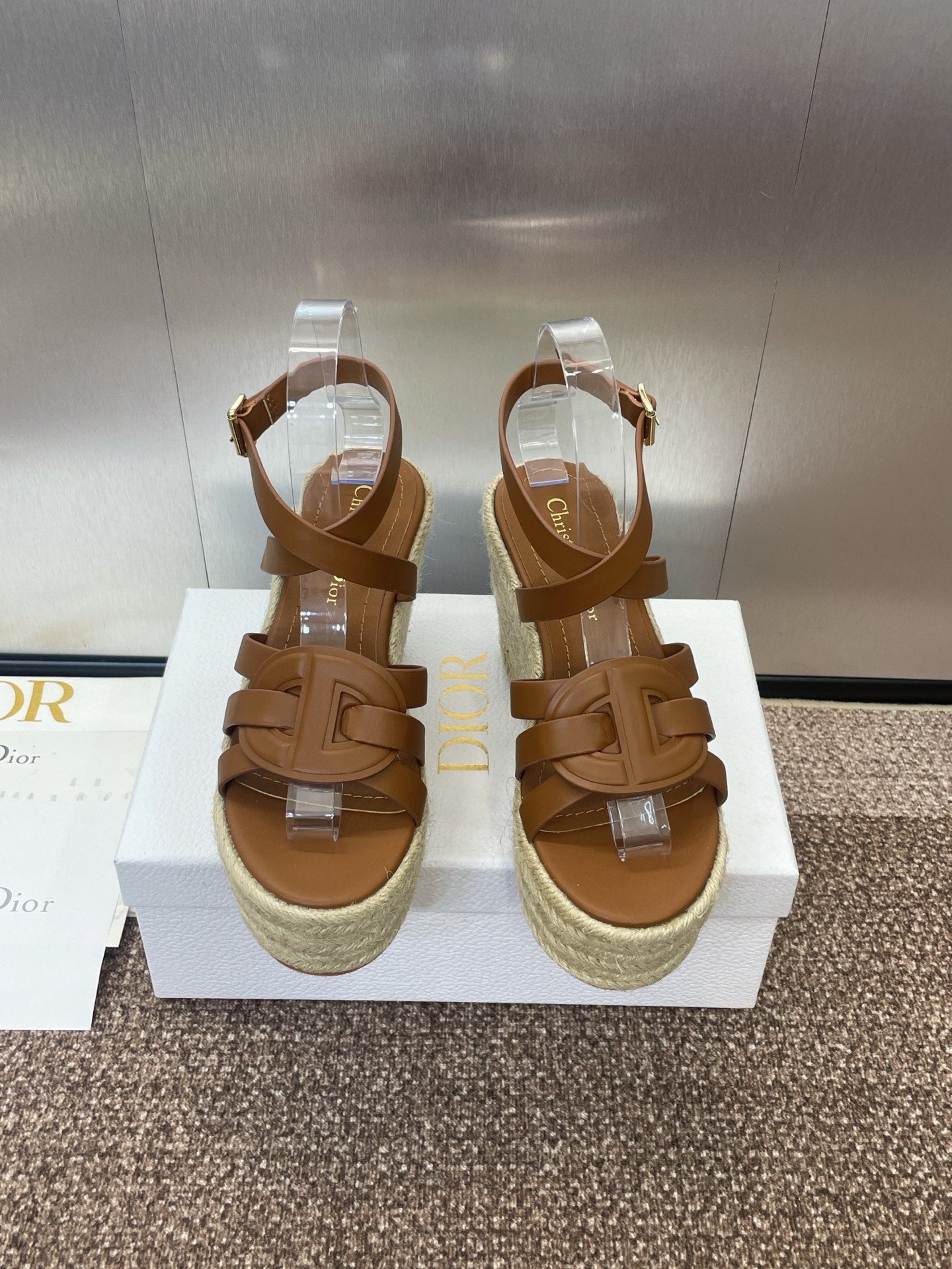 DIOR D-CLUB 25S HIGH HEEL WEDGE 100MM IN BROWN CALFSKIN RAFFIA SOLE