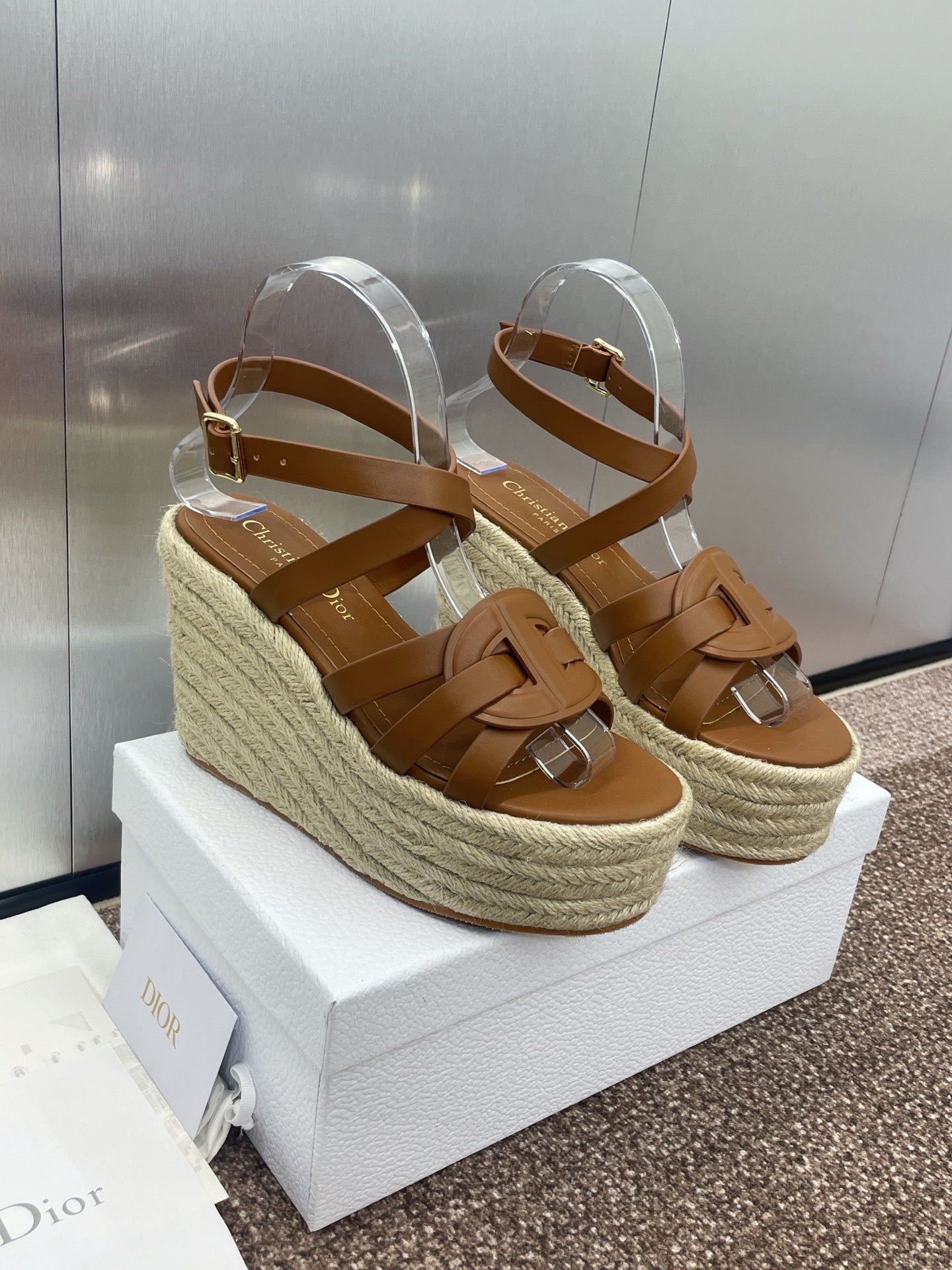 DIOR D-CLUB 25S HIGH HEEL WEDGE 100MM IN BROWN CALFSKIN RAFFIA SOLE