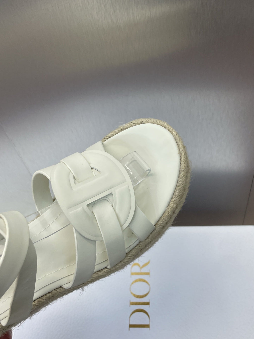 DIOR D-CLUB 25S HIGH HEEL WEDGE 100MM IN WHITE CALFSKIN RAFFIA SOLE