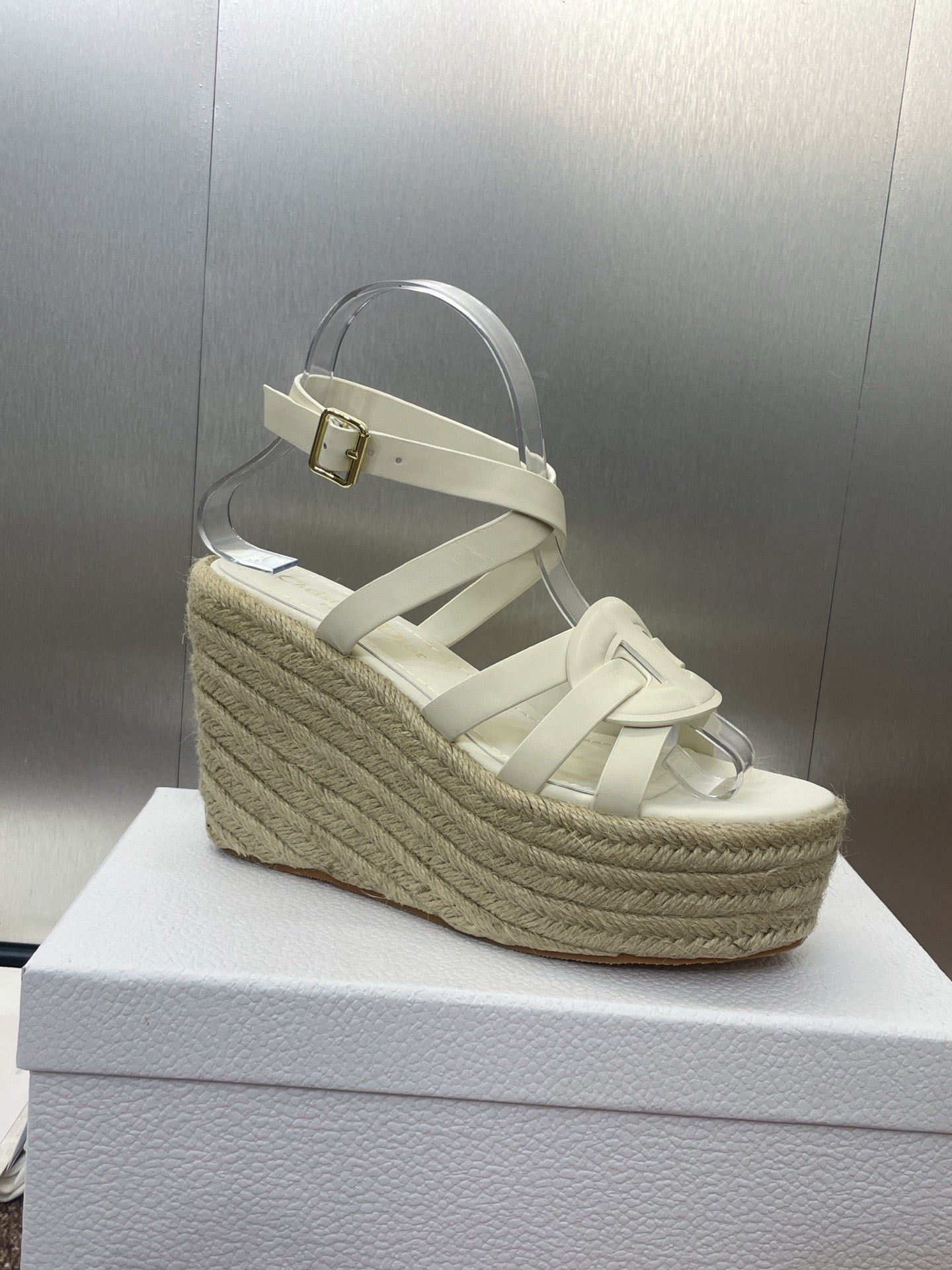 DIOR D-CLUB 25S HIGH HEEL WEDGE 100MM IN WHITE CALFSKIN RAFFIA SOLE