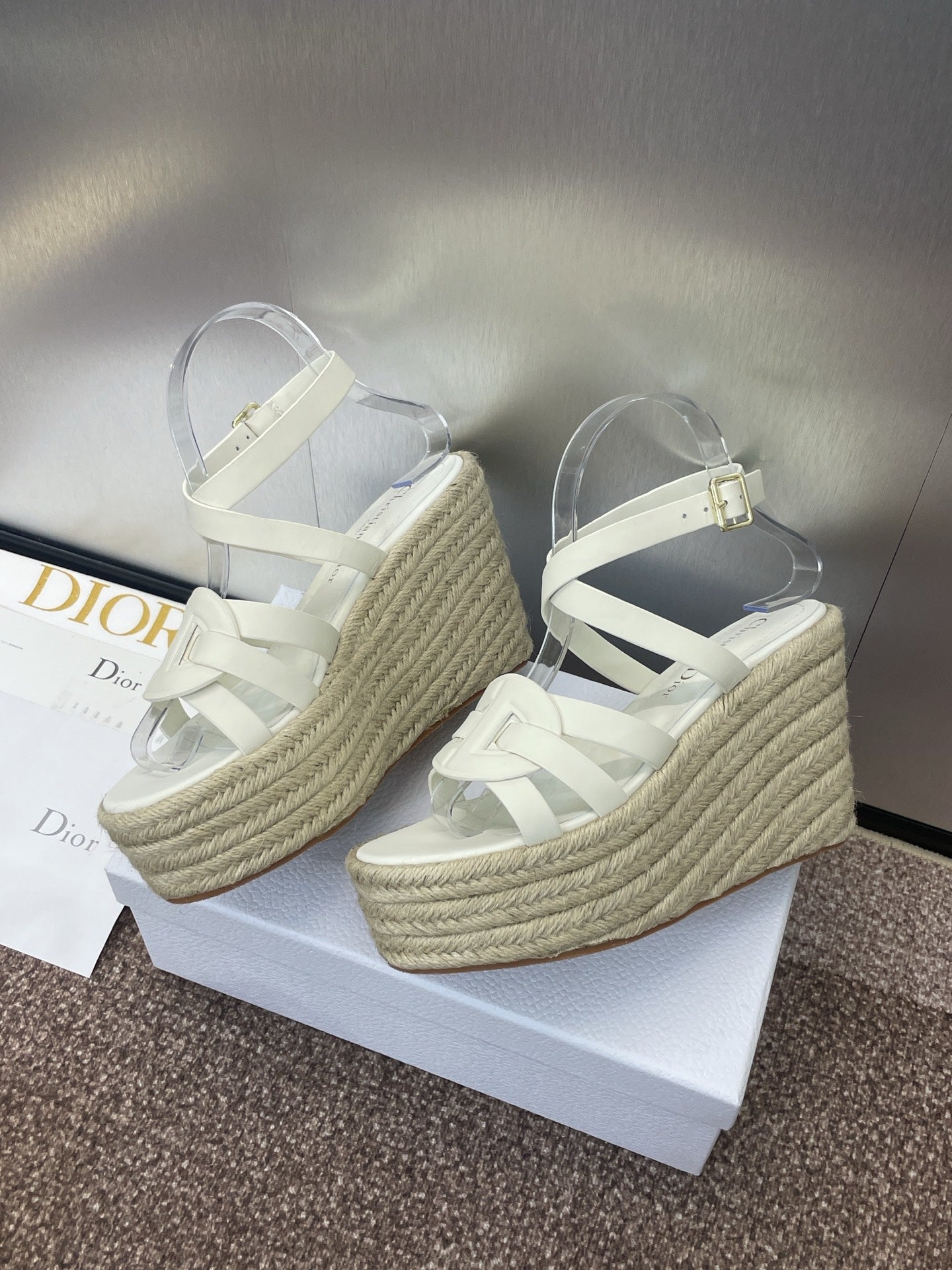 DIOR D-CLUB 25S HIGH HEEL WEDGE 100MM IN WHITE CALFSKIN RAFFIA SOLE