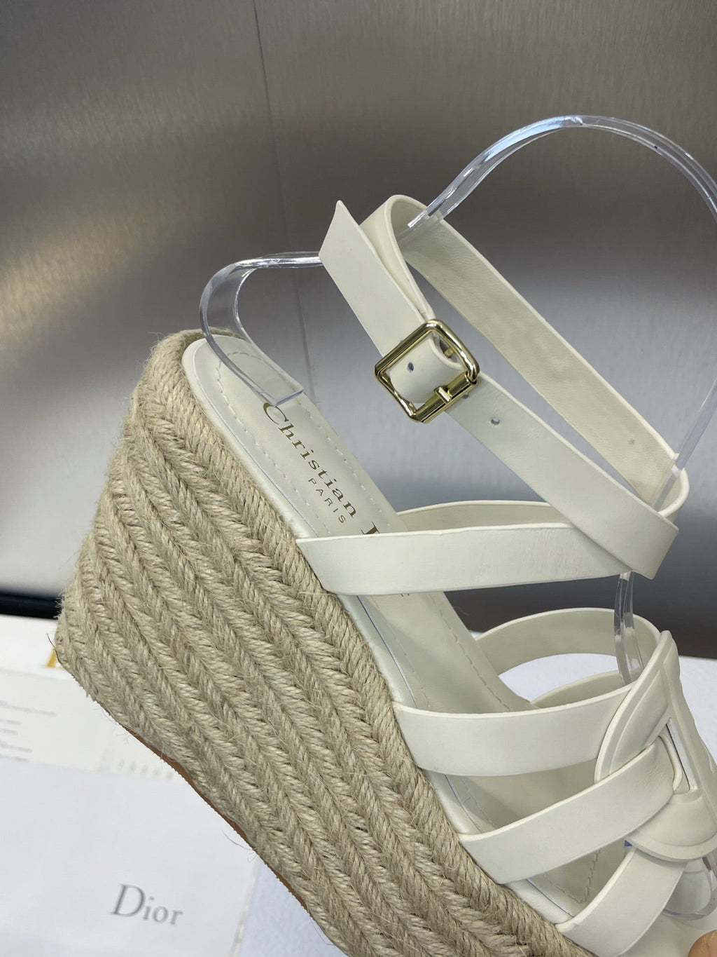 DIOR D-CLUB 25S HIGH HEEL WEDGE 100MM IN WHITE CALFSKIN RAFFIA SOLE