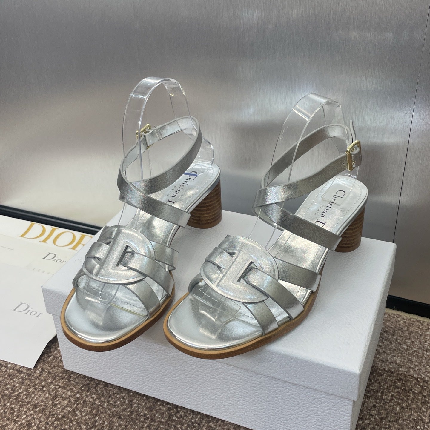 DIOR D-CLUB HIGH HEEL SLIDE 25S 55MM IN SILVER GLOSSY CALFSKIN
