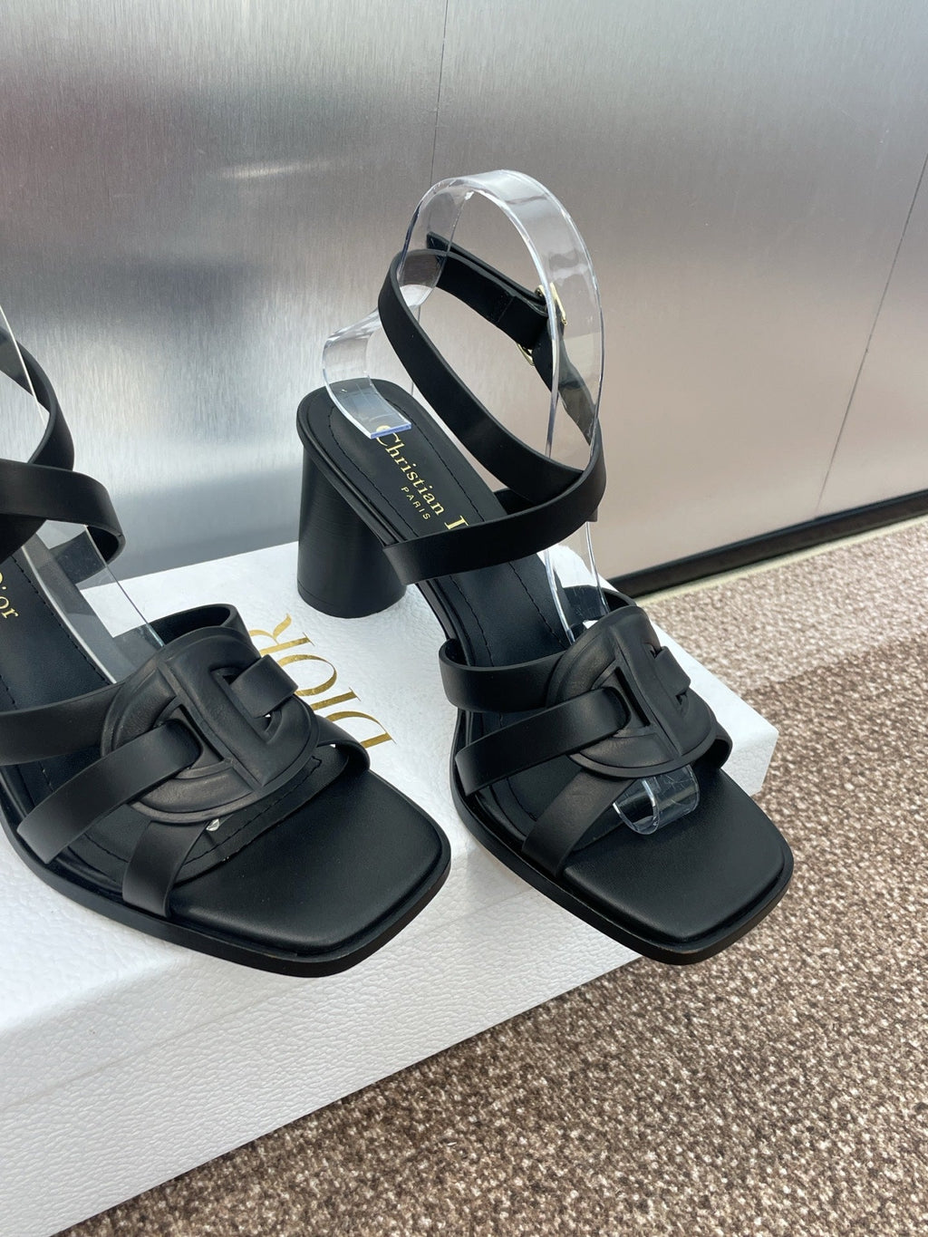 DIOR D-CLUB HIGH HEEL SLIDE 25S 80MM IN BLACK CALFSKIN