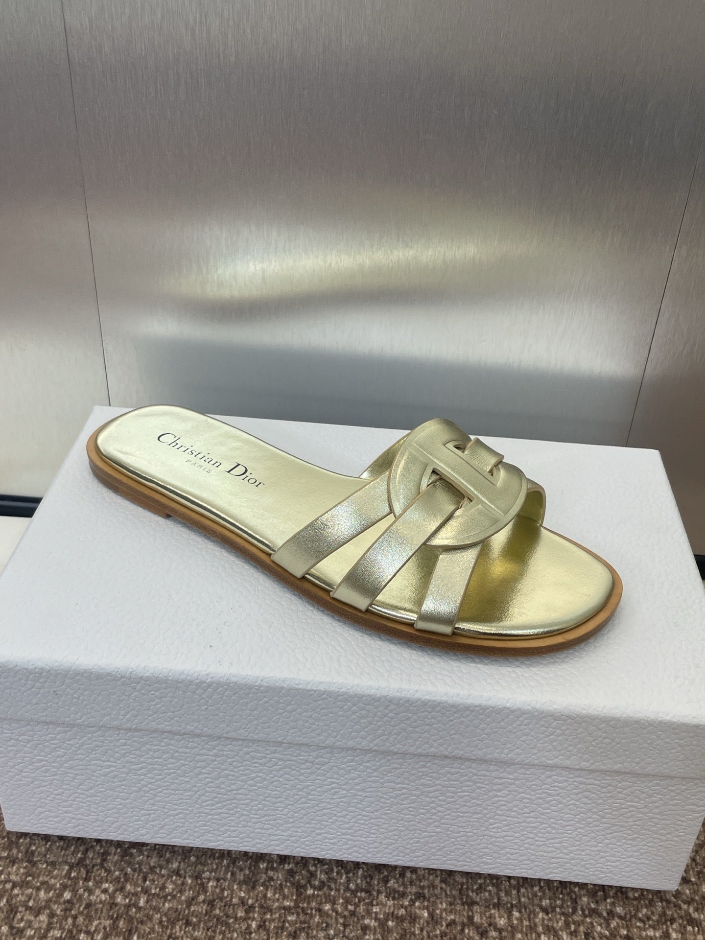 DIOR D-CLUB SLIDE SANDAL 25S IN GOLD GLOSSY CALFSKIN