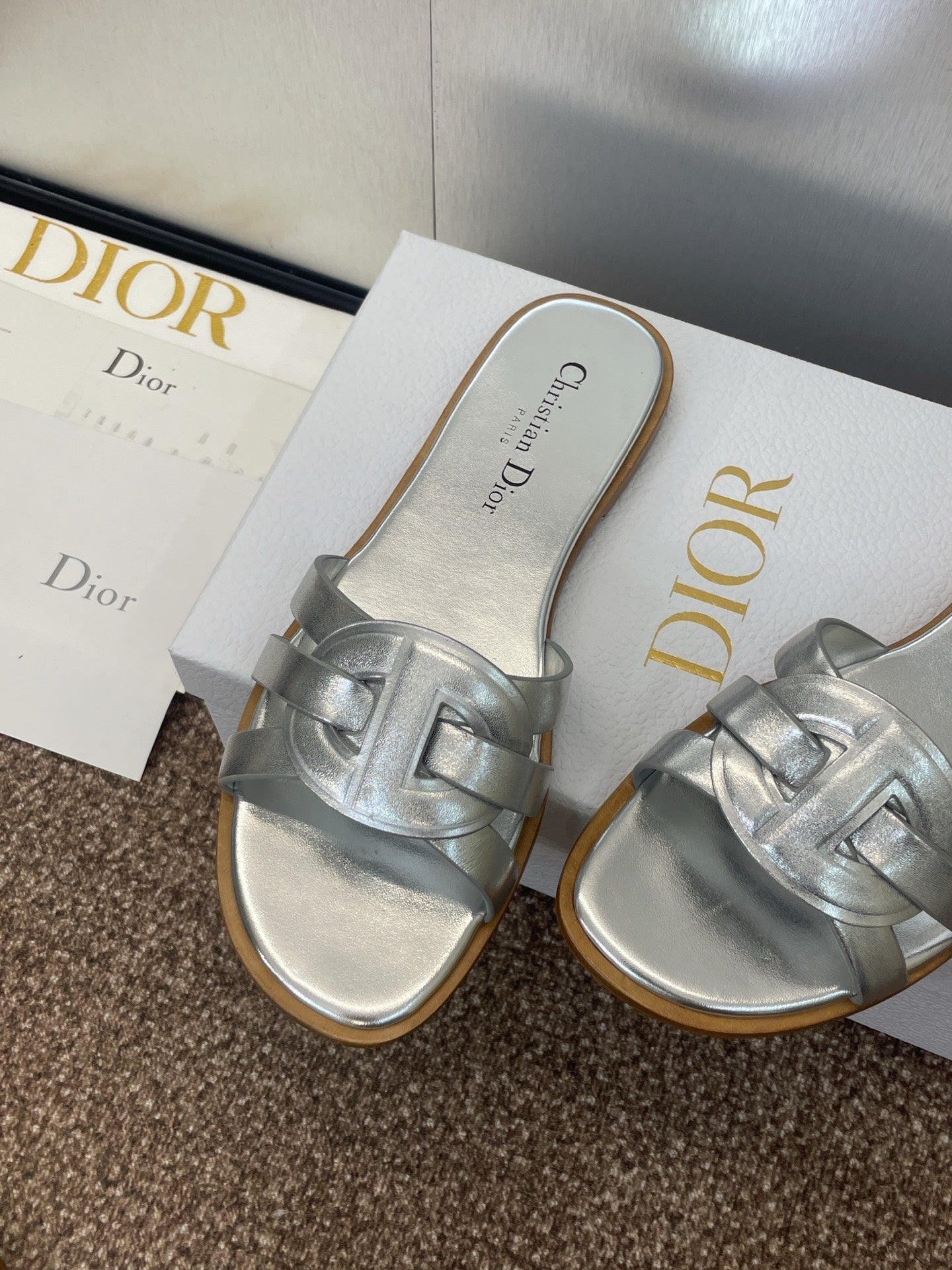DIOR D-CLUB SLIDE SANDAL 25S IN SILVER GLOSSY CALFSKIN