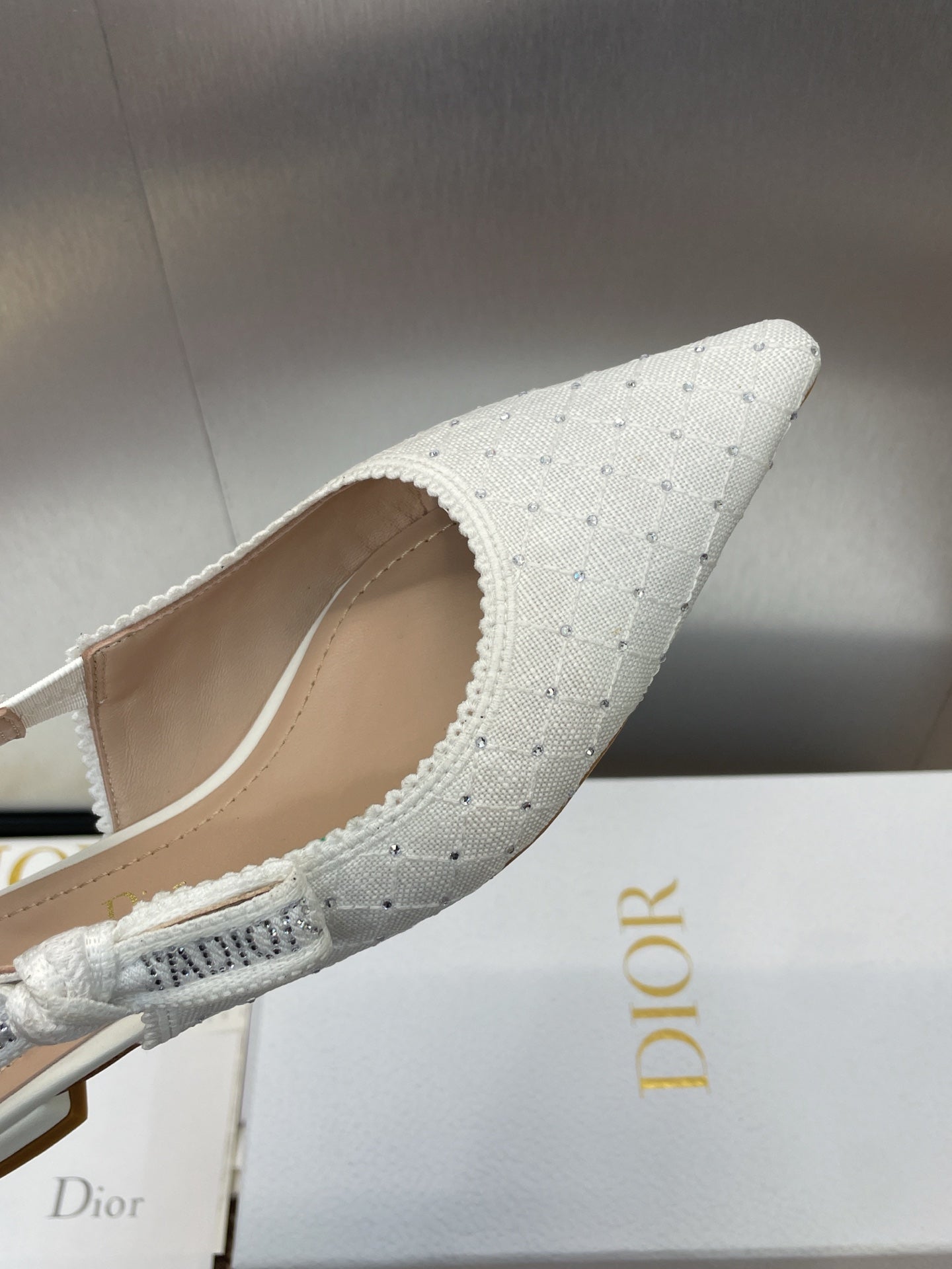 DIOR J'A SLINGBACK 25S IN WHITE FABRIC EMBOSSED CRYSTAL