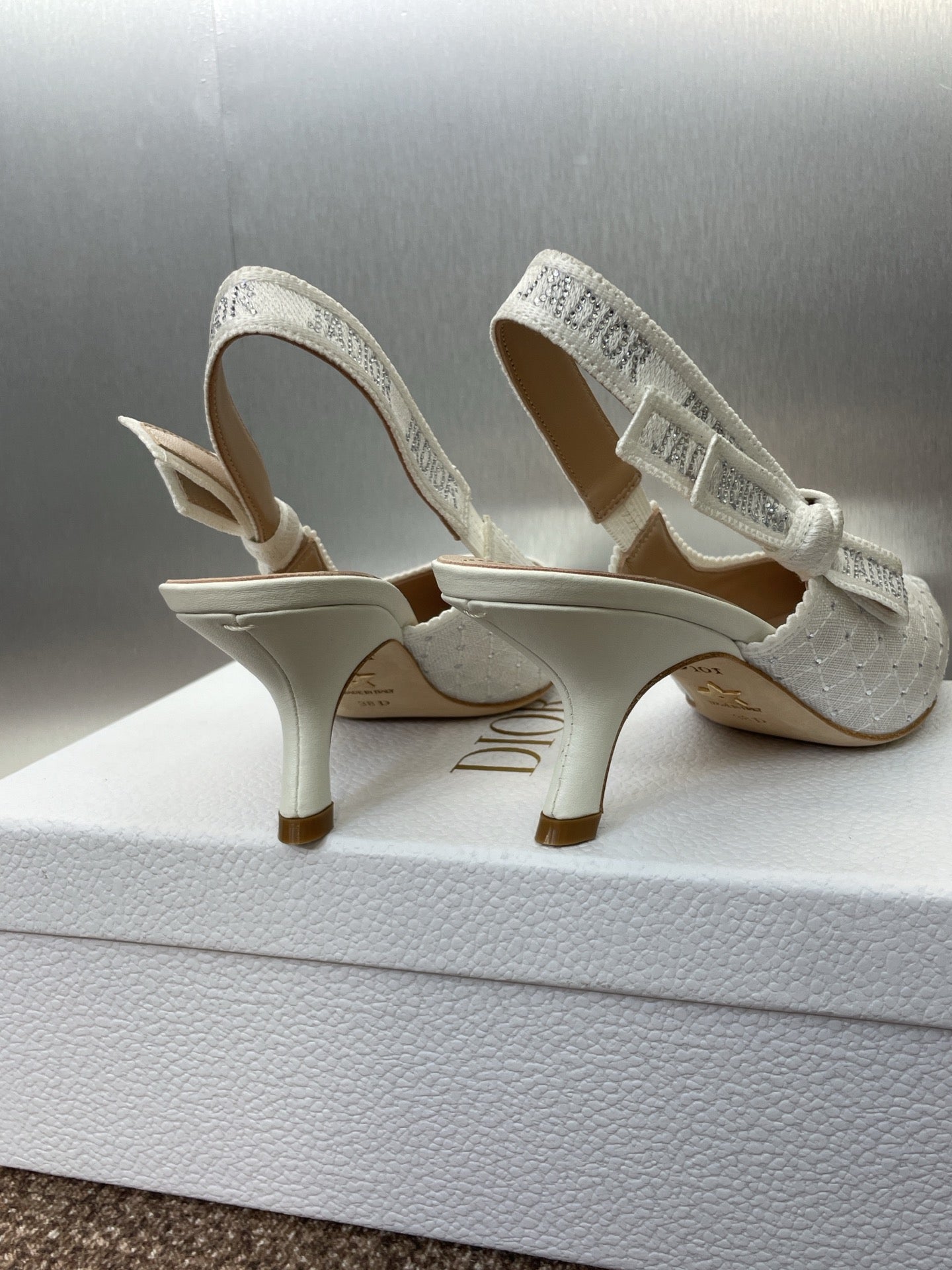 DIOR J'A SLINGBACK 25S PUMP 65MM IN WHITE FABRIC EMBOSSED CRYSTAL