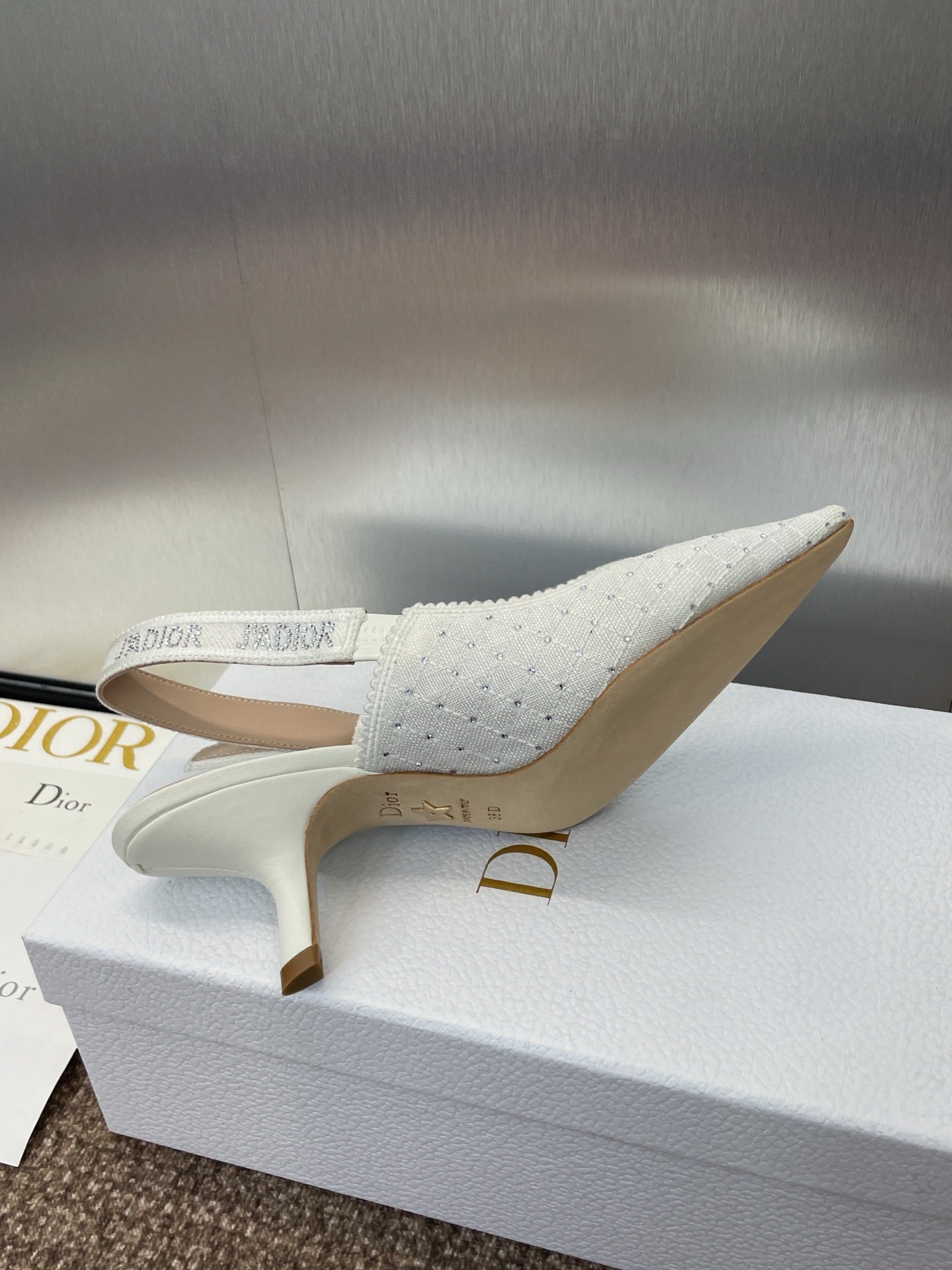 DIOR J'A SLINGBACK 25S PUMP 65MM IN WHITE FABRIC EMBOSSED CRYSTAL