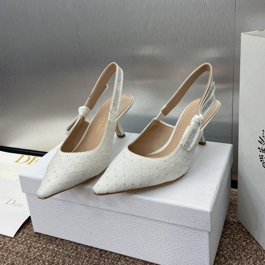 DIOR J'A SLINGBACK 25S PUMP 65MM IN WHITE FABRIC EMBOSSED CRYSTAL