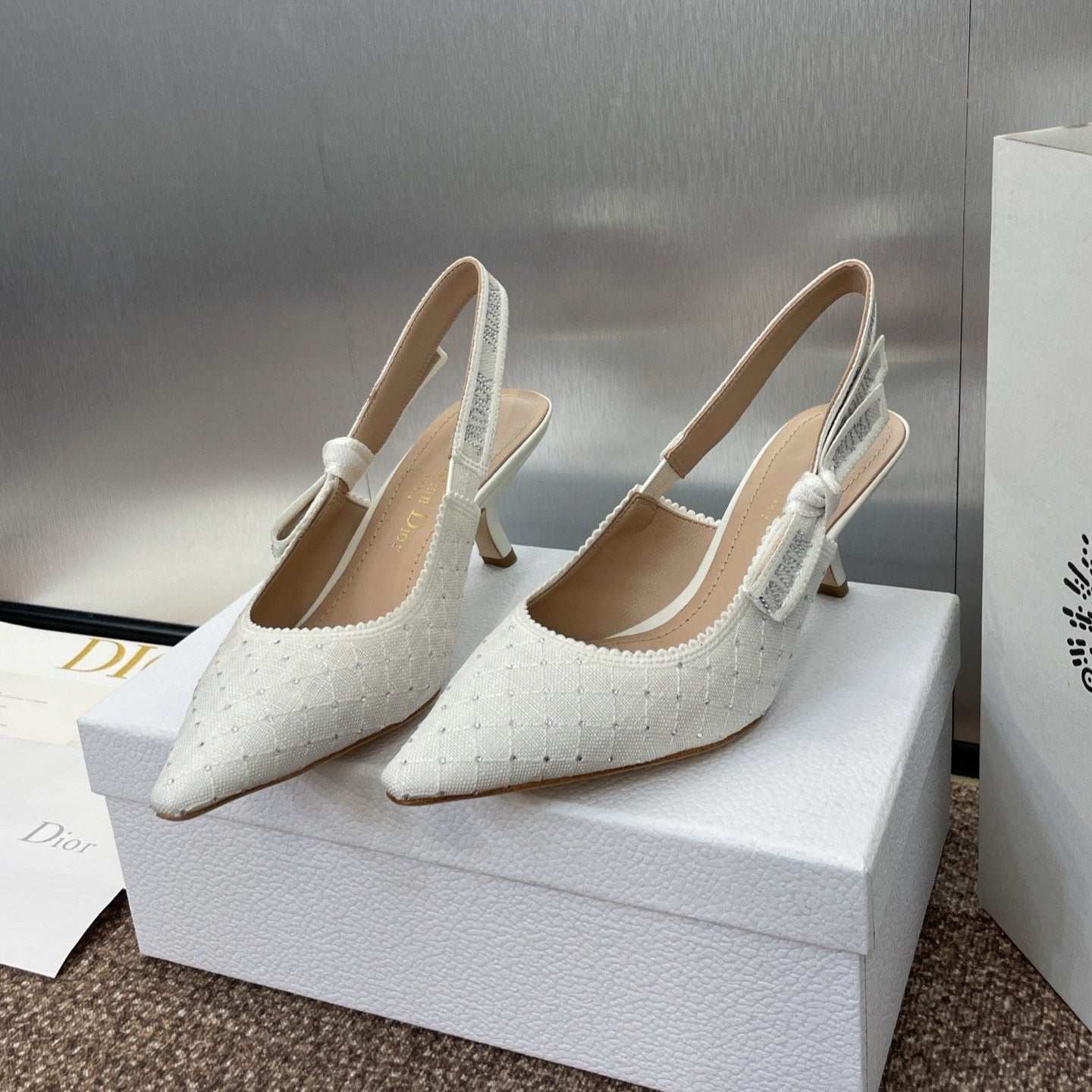 DIOR J'A SLINGBACK 25S PUMP 65MM IN WHITE FABRIC EMBOSSED CRYSTAL