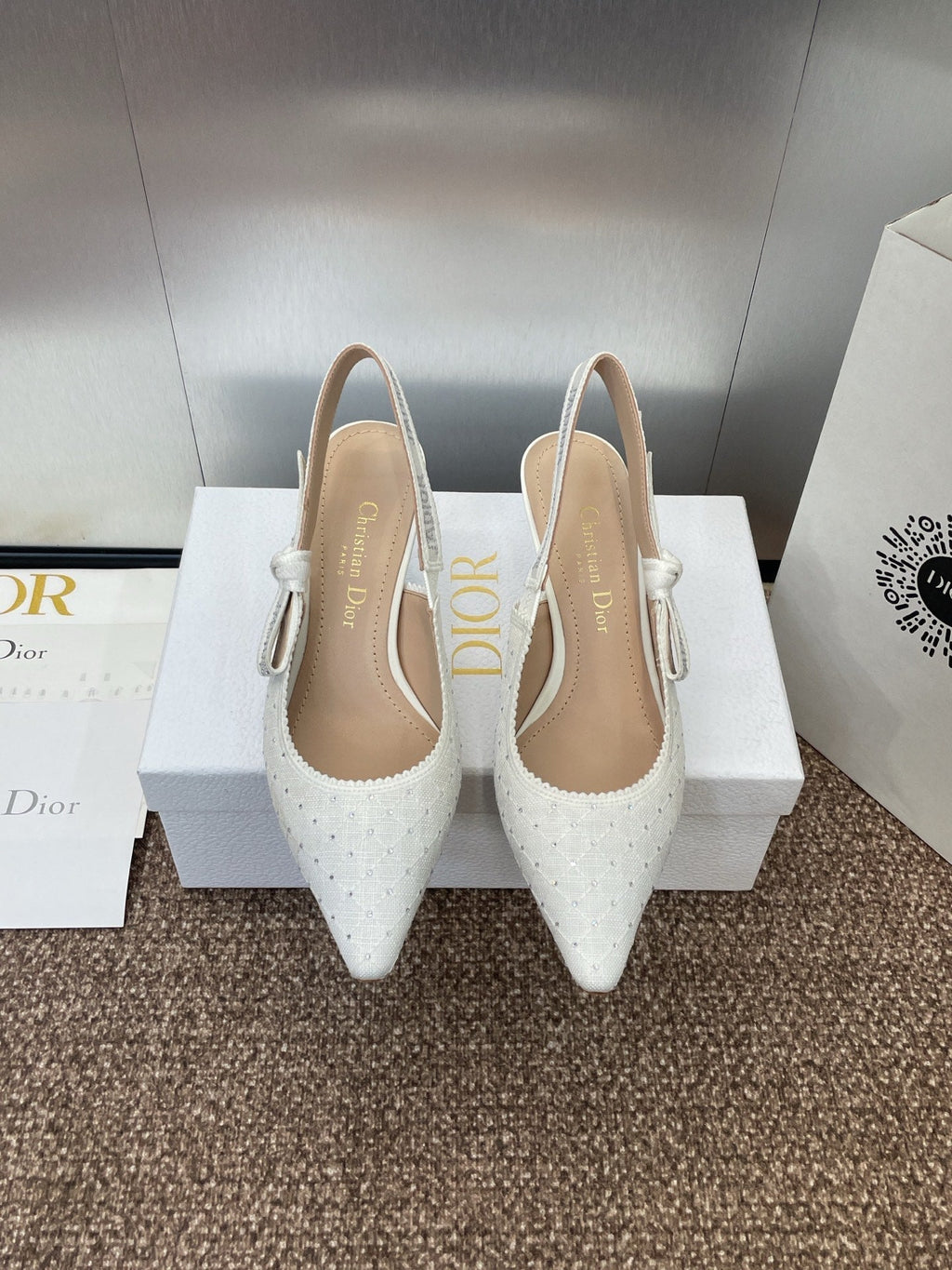 DIOR J'A SLINGBACK 25S PUMP 65MM IN WHITE FABRIC EMBOSSED CRYSTAL