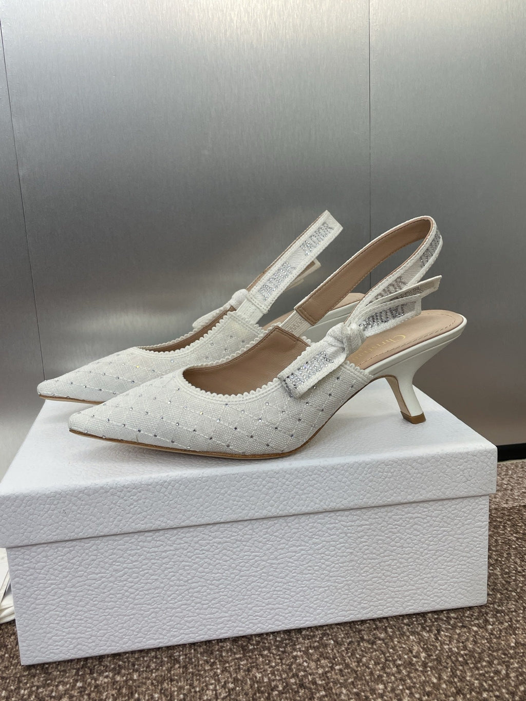 DIOR J'A SLINGBACK 25S PUMP 65MM IN WHITE FABRIC EMBOSSED CRYSTAL
