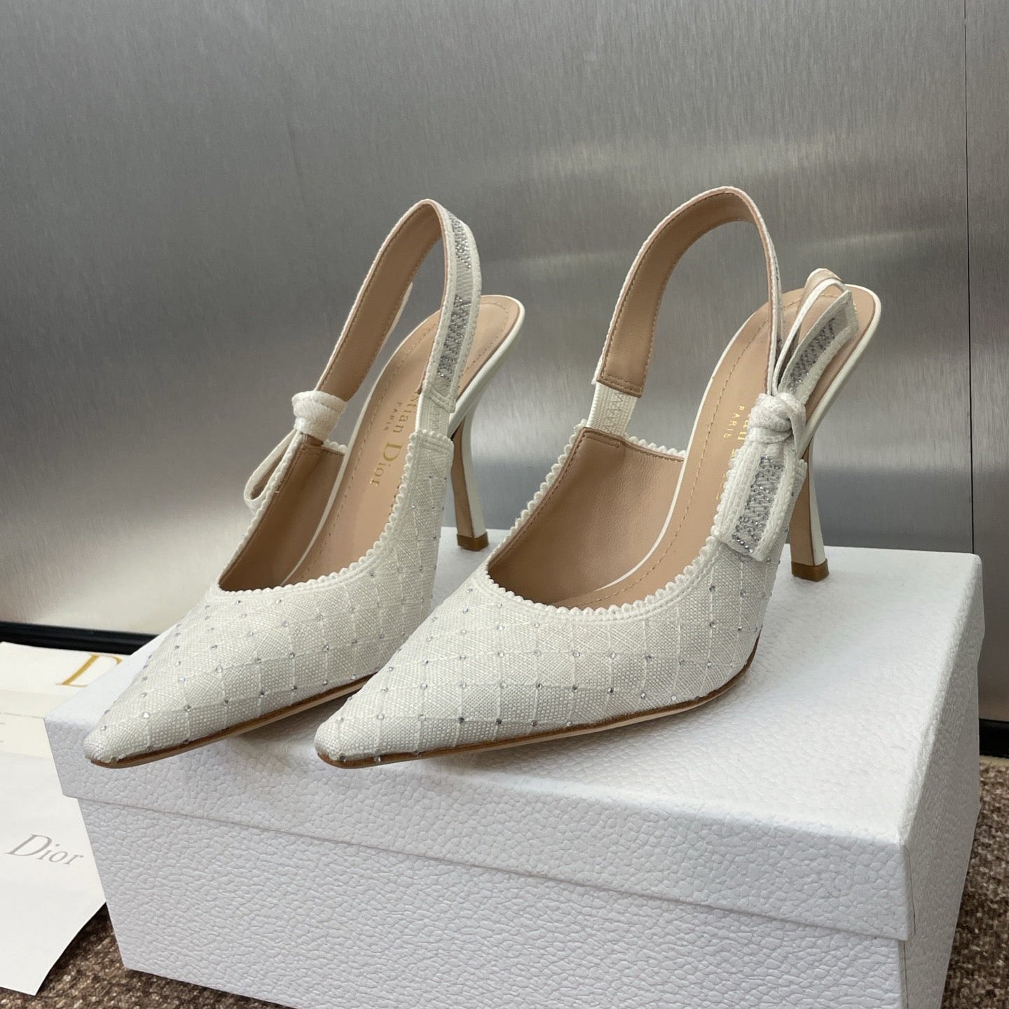 DIOR J'A SLINGBACK 25S PUMP 95MM IN WHITE FABRIC EMBOSSED CRYSTAL